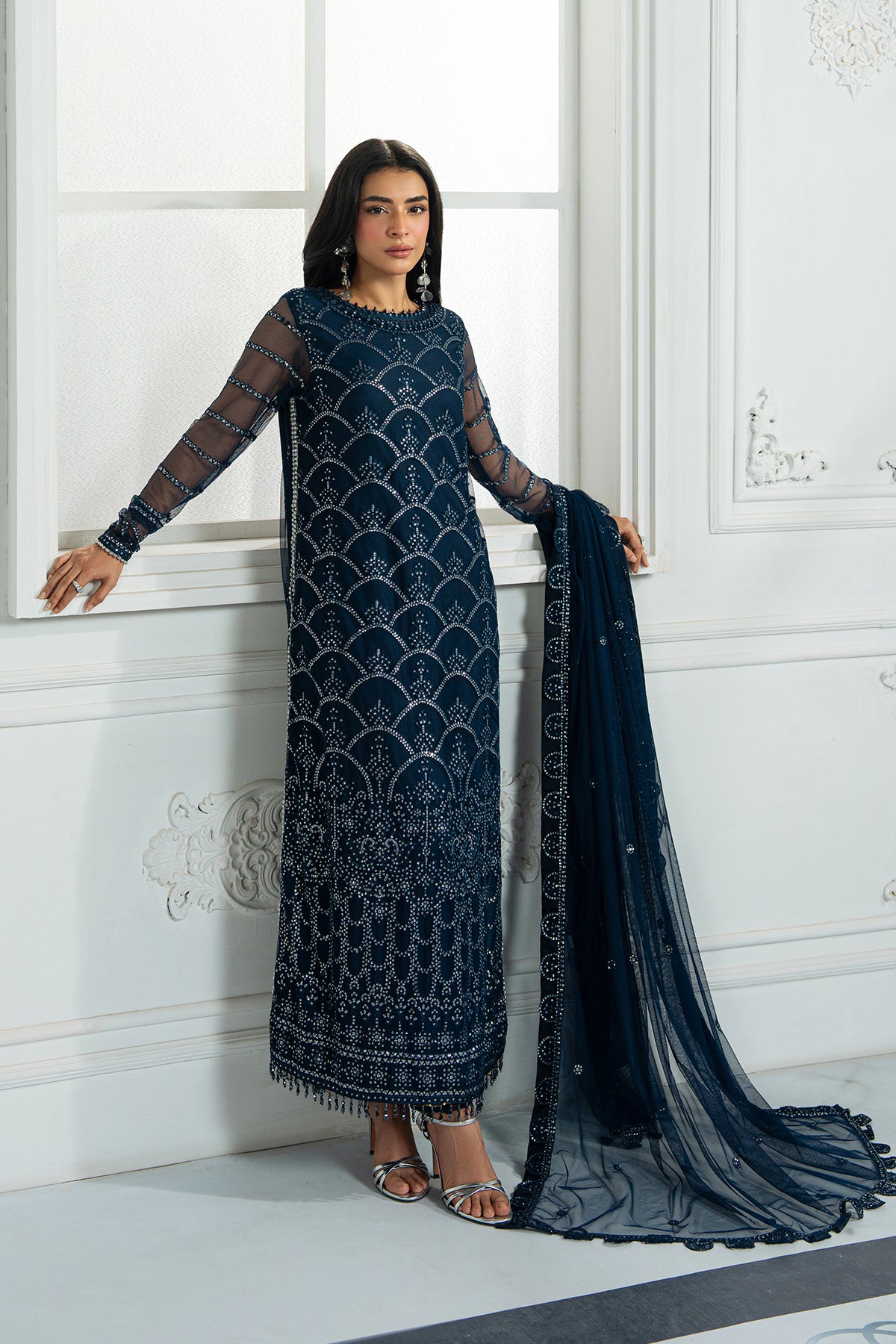 Deep Navy Sequins Embroidered Net Salwar Kameez (3-Piece) - Image 5