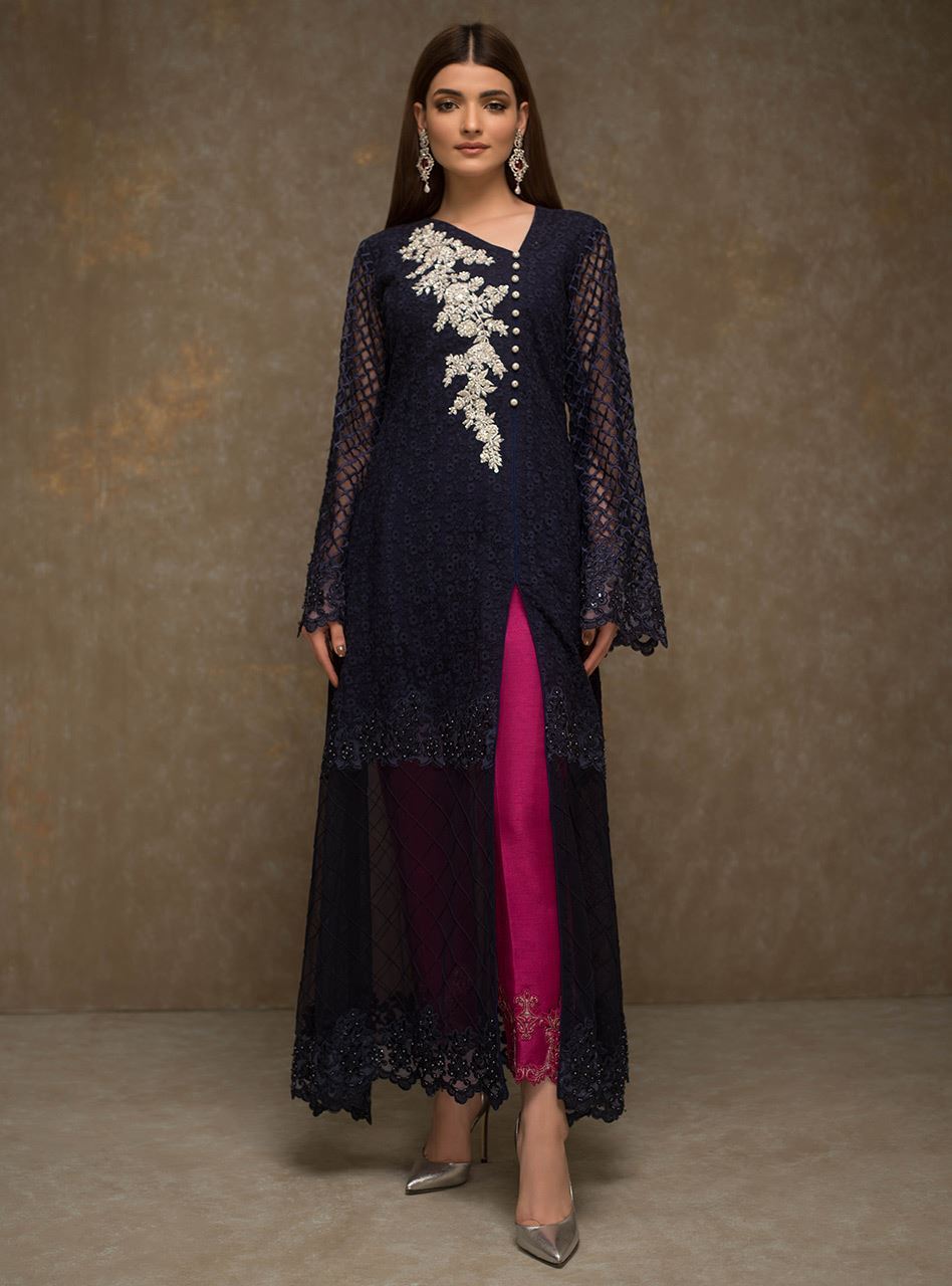 Navy Blue Embroidered Net Long Shirt (2-Piece) - Image 1