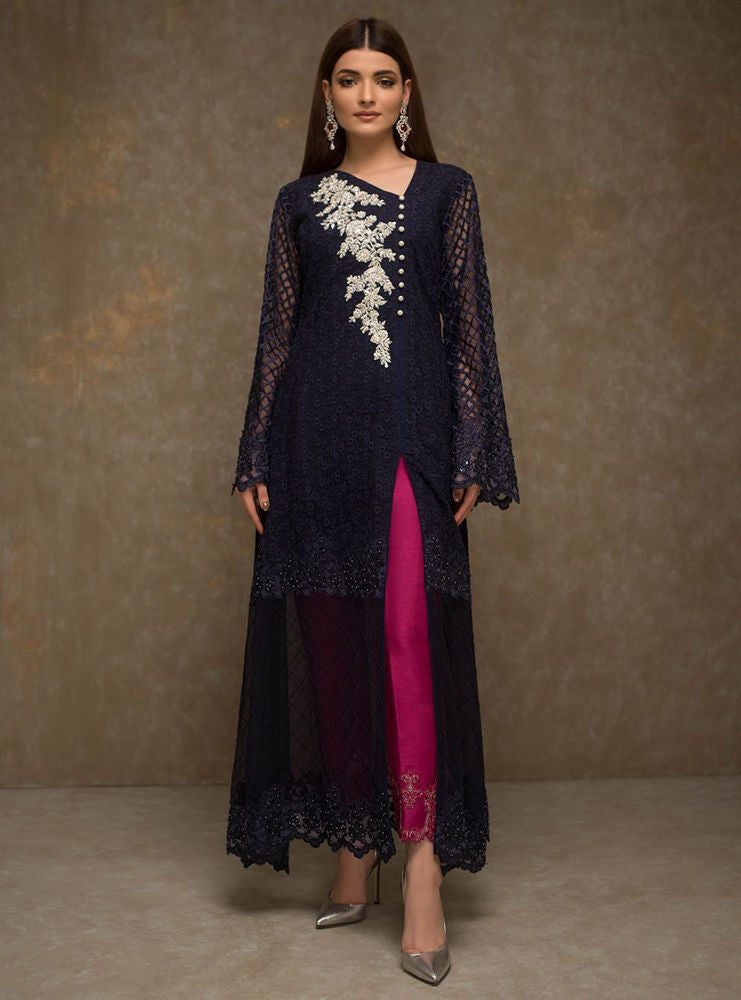 Navy Blue Embroidered Net Long Shirt (2-Piece) - Image 2