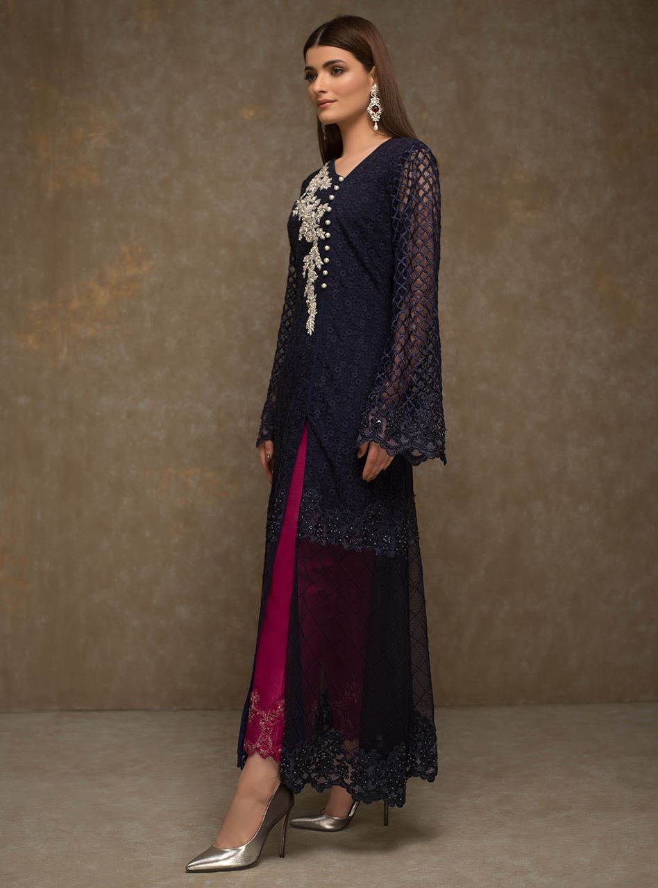Navy Blue Embroidered Net Long Shirt (2-Piece) - Image 3