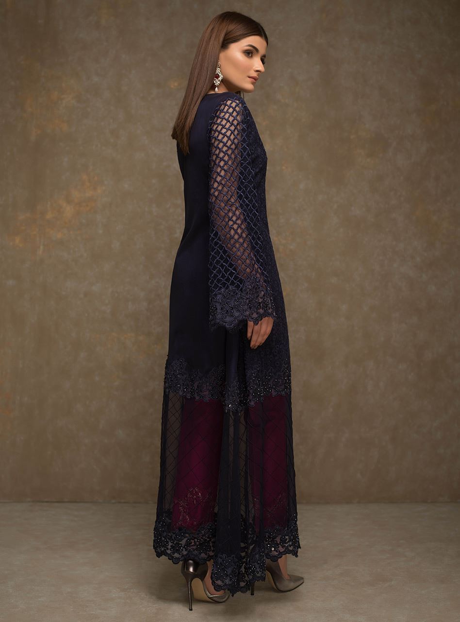 Navy Blue Embroidered Net Long Shirt (2-Piece) - Image 4