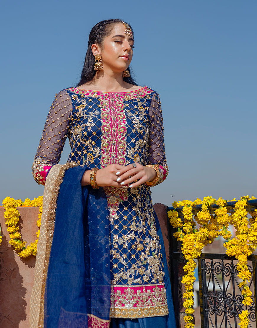 Navy Blue Embroidered Organza & Raw Silk Salwar Kameez (3-Piece) - Image 1