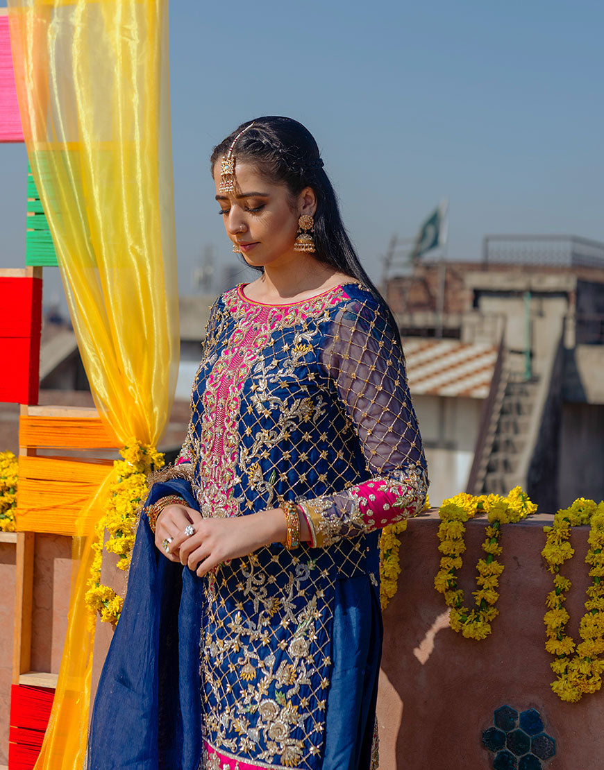 Navy Blue Embroidered Organza & Raw Silk Salwar Kameez (3-Piece) - Image 2