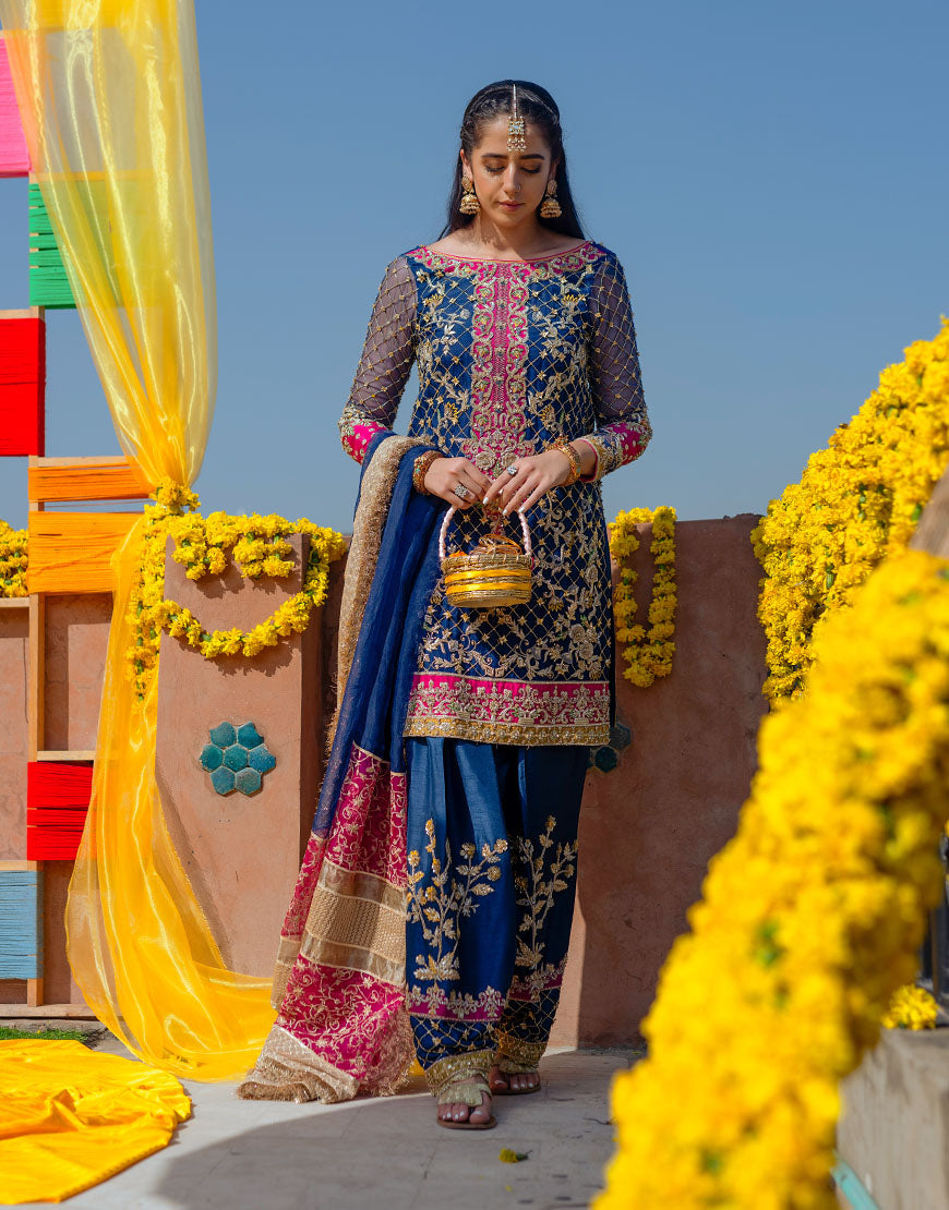 Navy Blue Embroidered Organza & Raw Silk Salwar Kameez (3-Piece) - Image 3