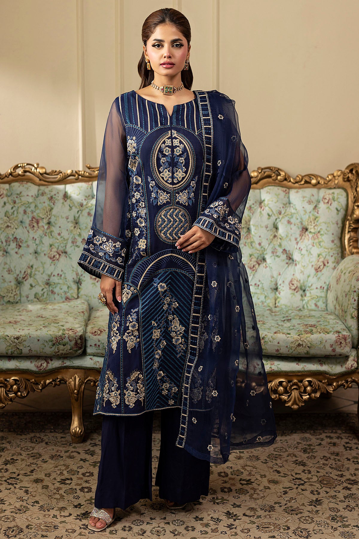 Pakistani Navy Embroidered Organza 3-Piece Suit - Image 1
