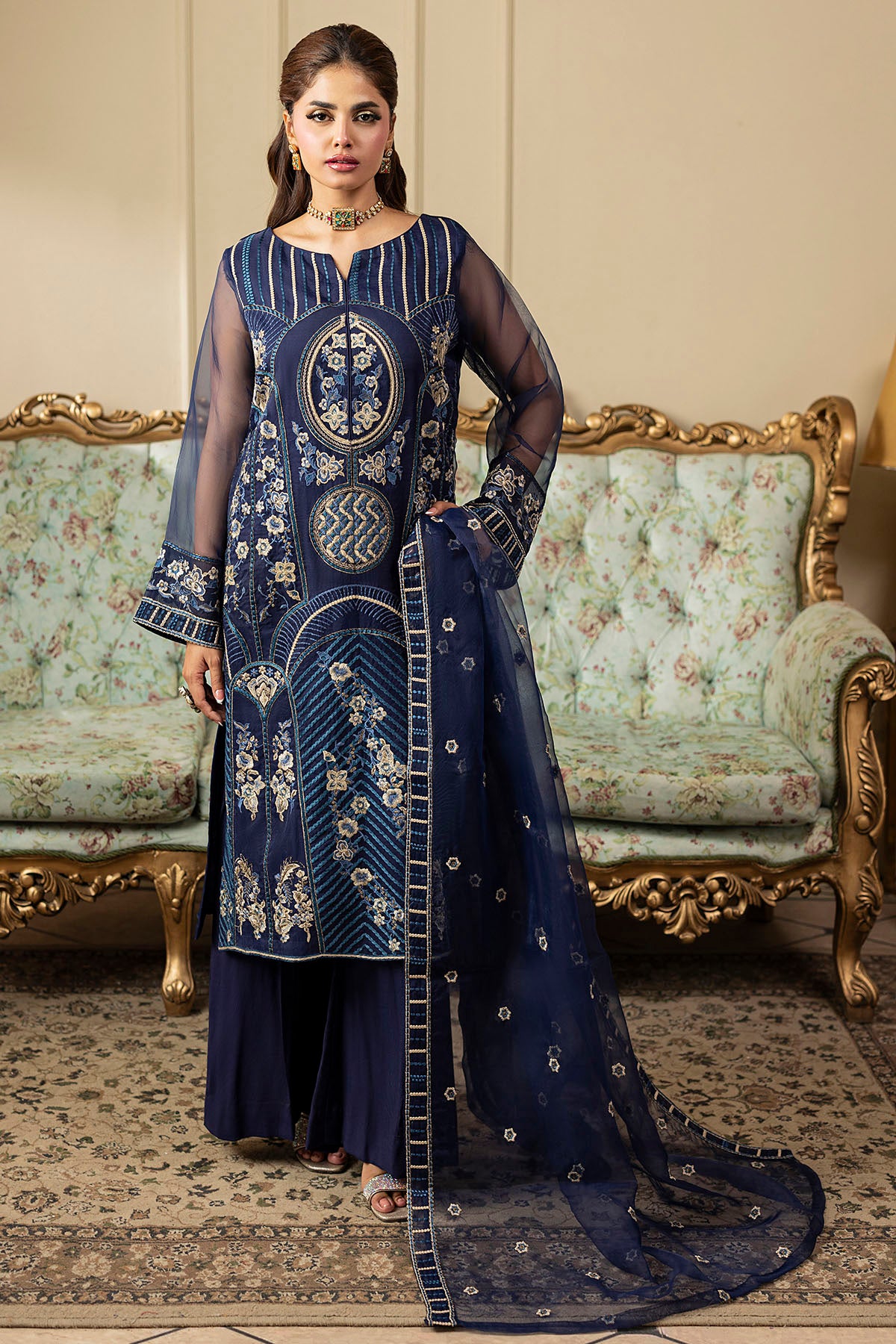 Pakistani Navy Embroidered Organza 3-Piece Suit - Image 2