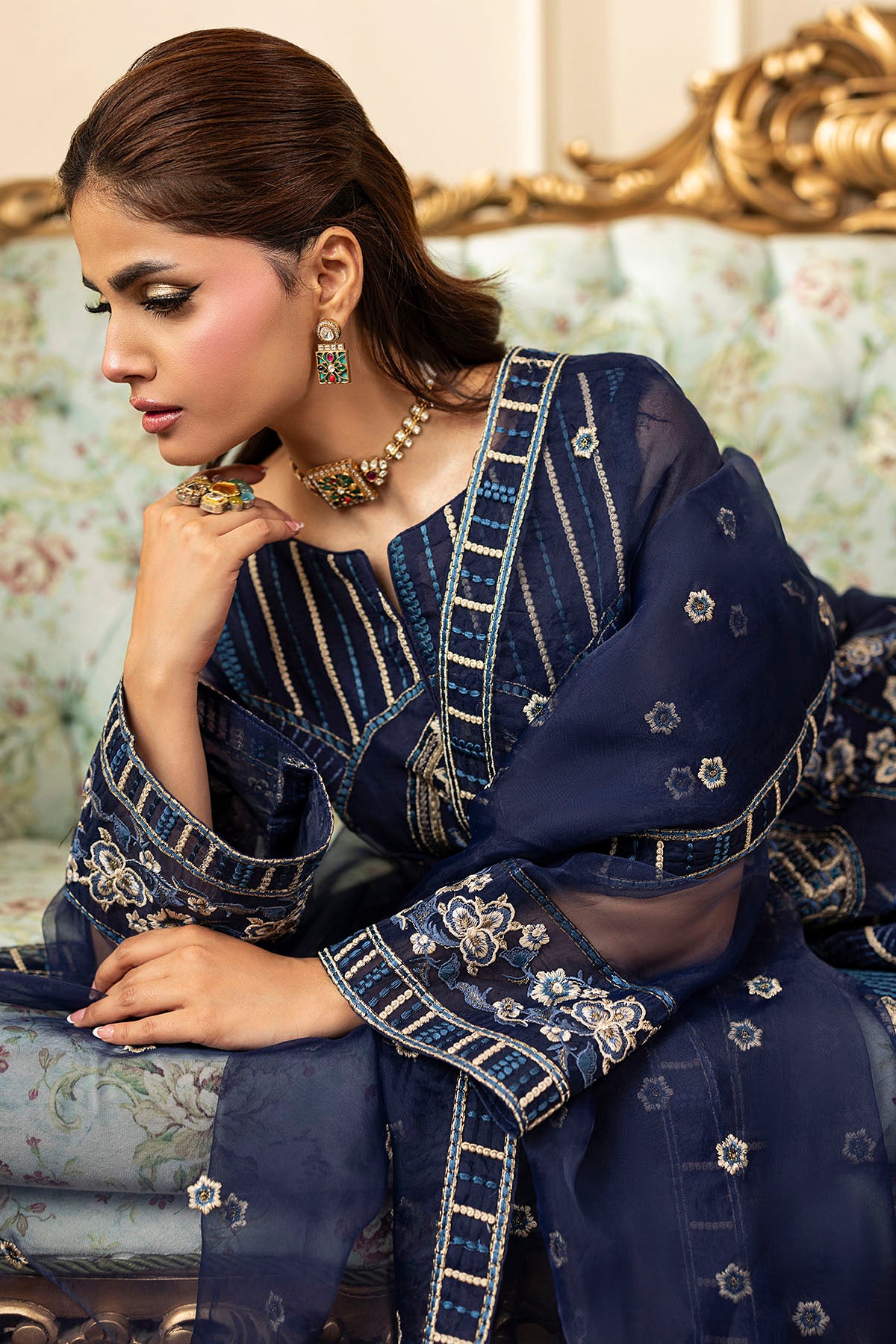 Pakistani Navy Embroidered Organza 3-Piece Suit - Image 4
