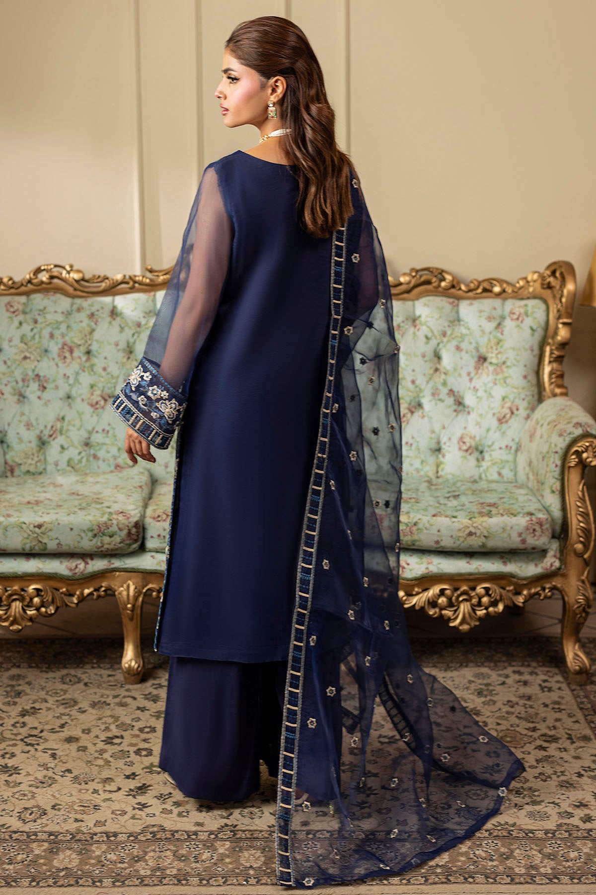 Pakistani Navy Embroidered Organza 3-Piece Suit - Image 5