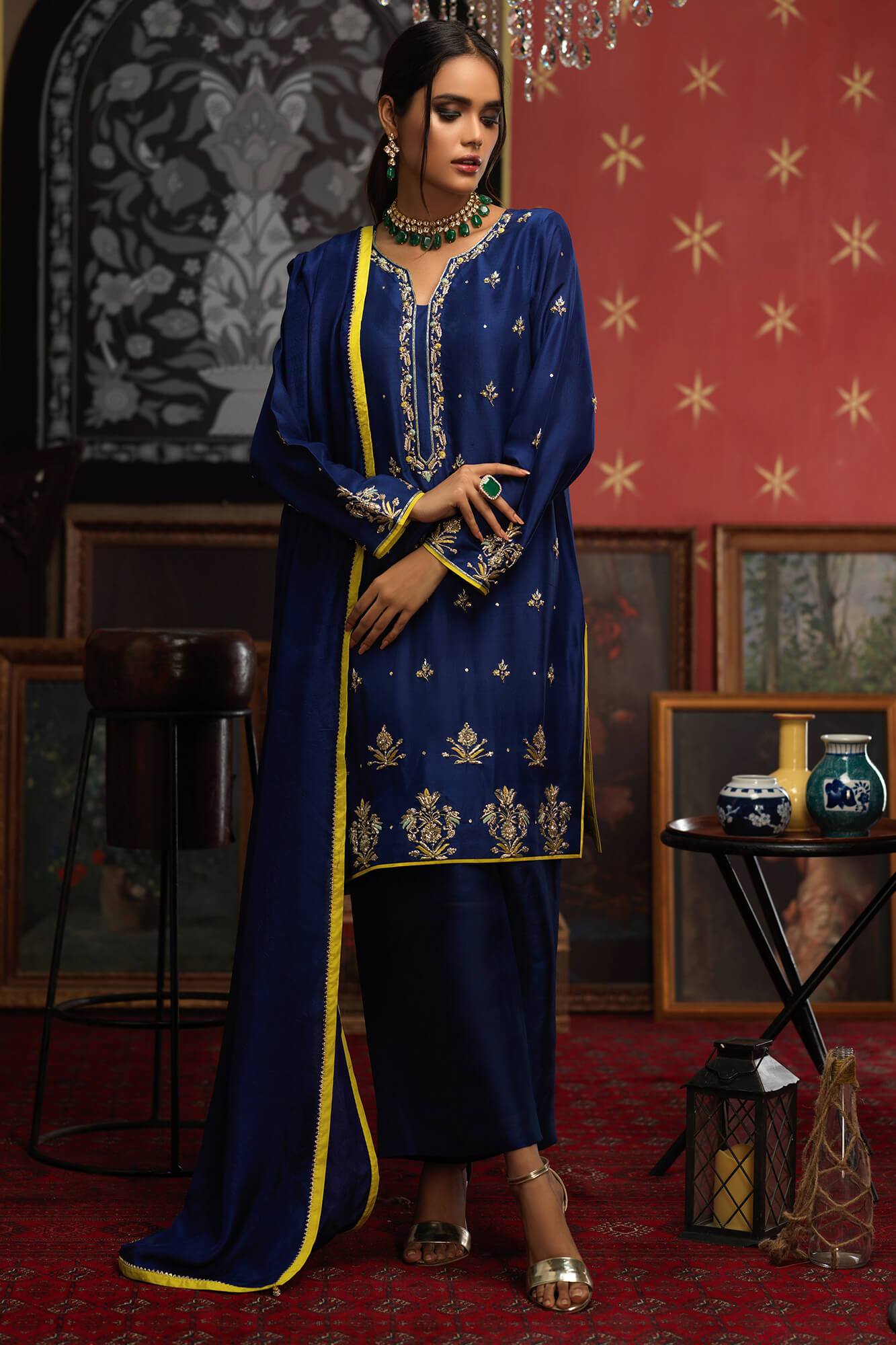 Pakistani Navy Blue Embroidered PK Raw Silk Salwar Kameez (3-Piece) - Image 1