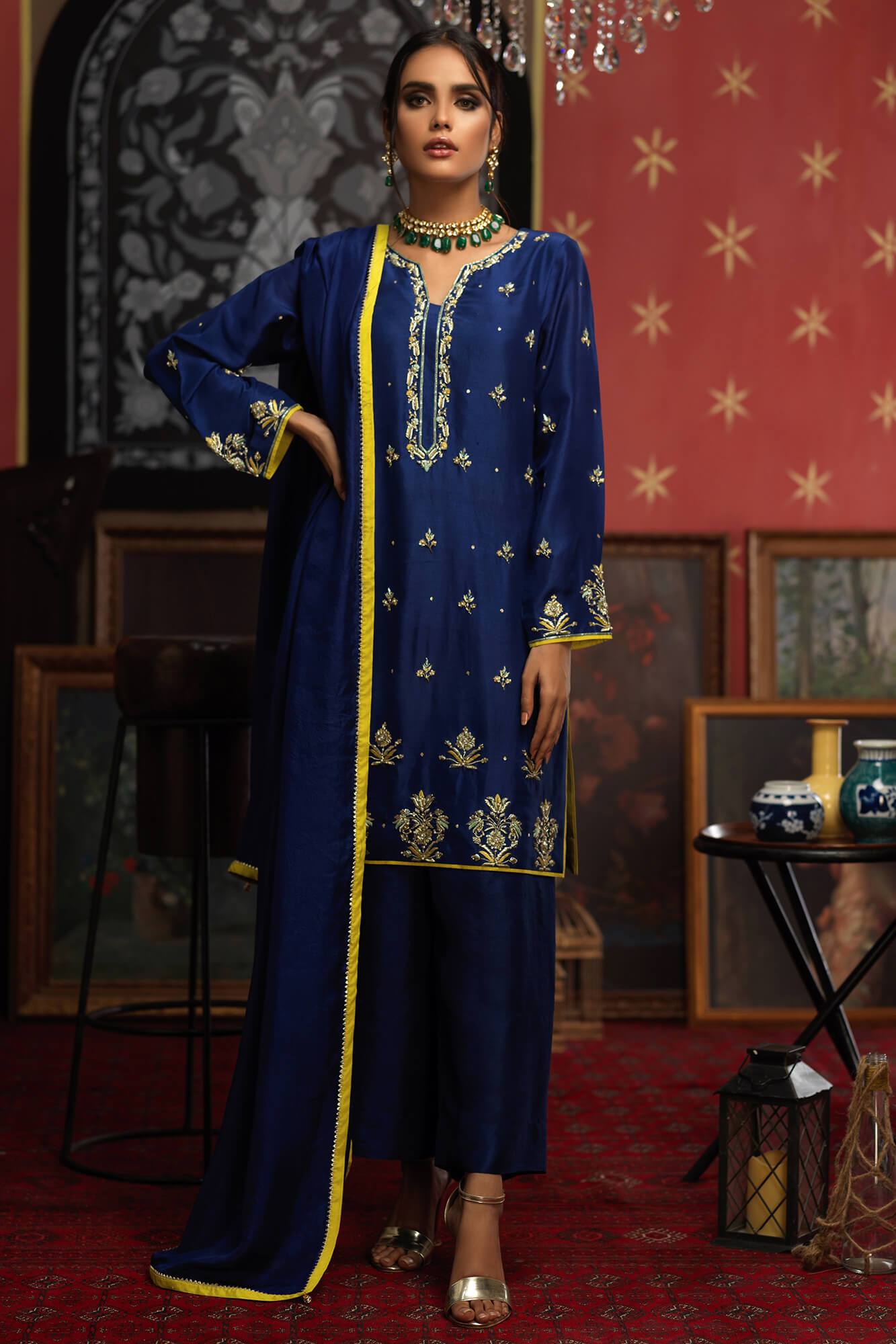 Pakistani Navy Blue Embroidered PK Raw Silk Salwar Kameez (3-Piece) - Image 2