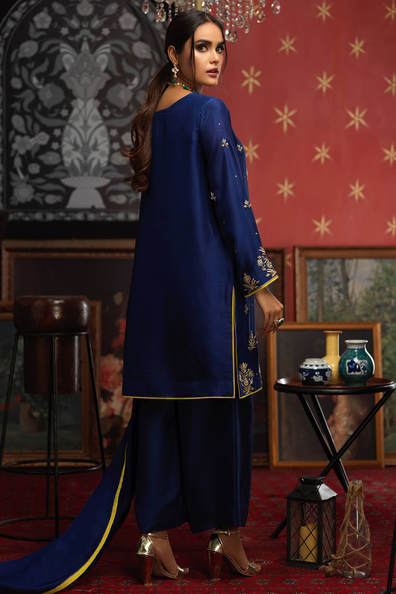 Pakistani Navy Blue Embroidered PK Raw Silk Salwar Kameez (3-Piece) - Image 3