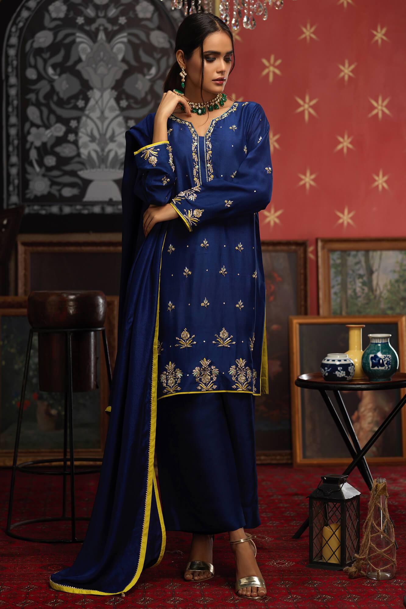 Pakistani Navy Blue Embroidered PK Raw Silk Salwar Kameez (3-Piece) - Image 4