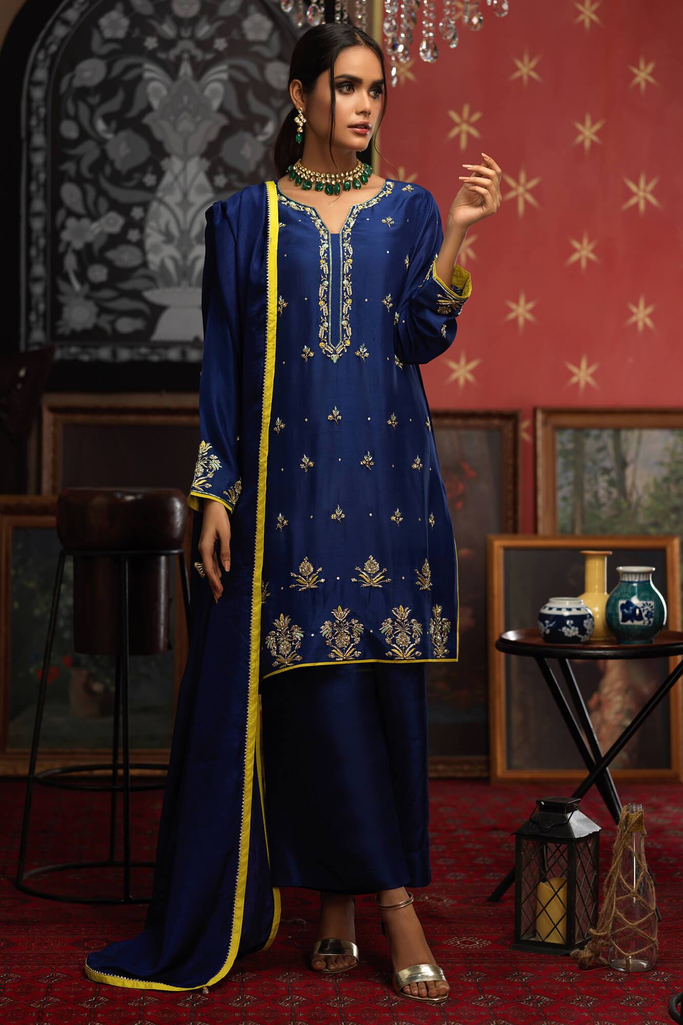 Pakistani Navy Blue Embroidered PK Raw Silk Salwar Kameez (3-Piece) - Image 5