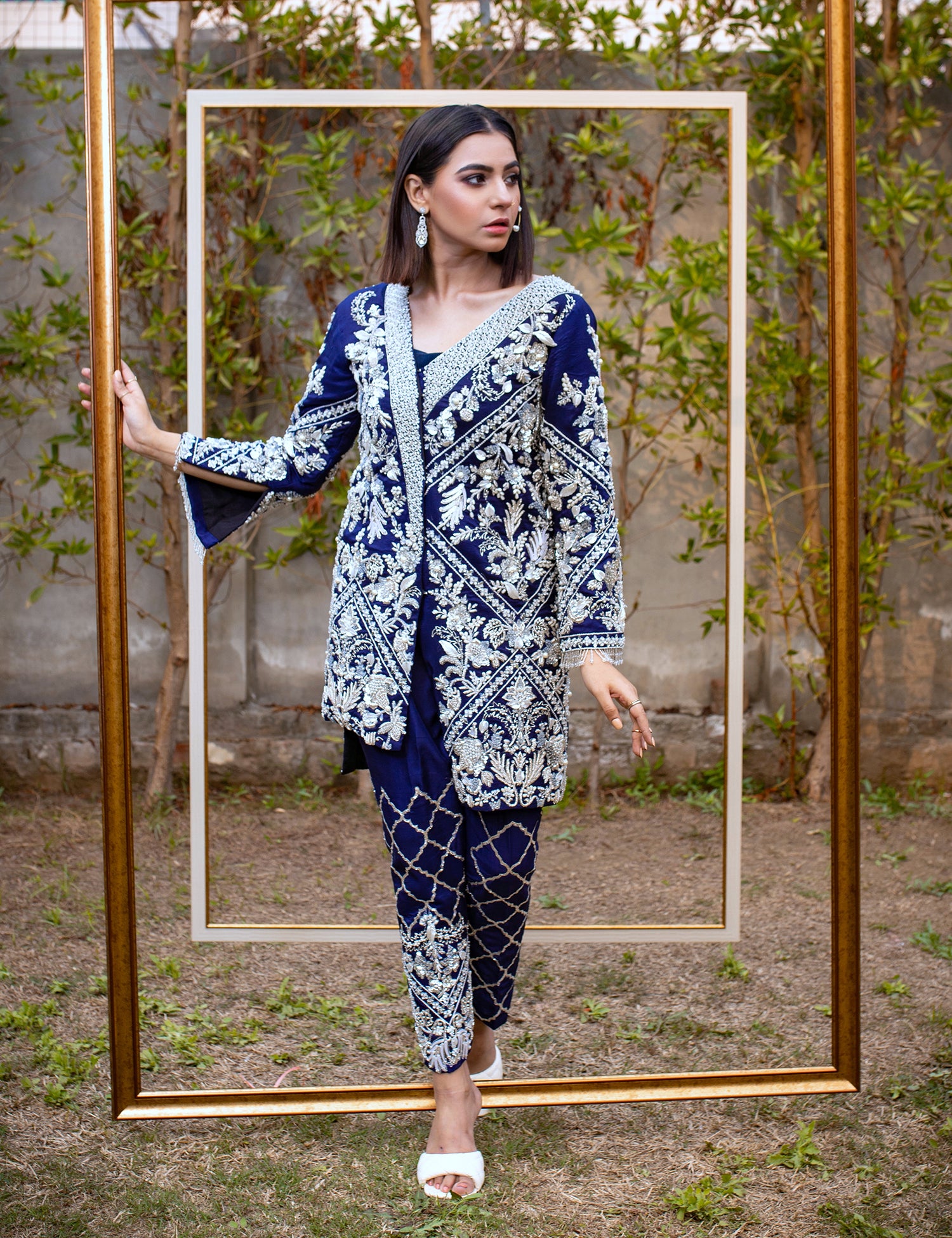 Pakistani Navy Blue 3D Embellished Raw Silk Jacket Set (3-Piece) - Image 1