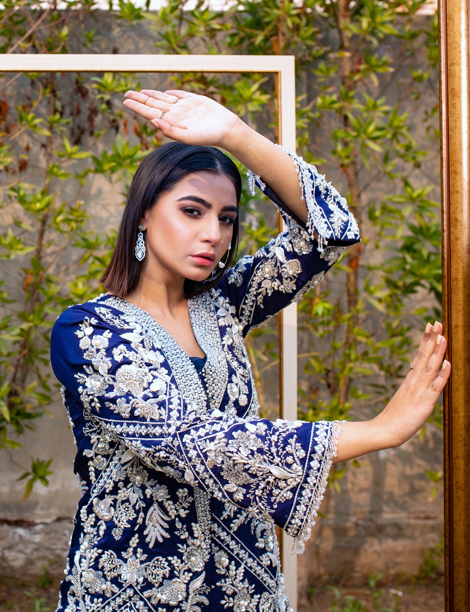 Pakistani Navy Blue 3D Embellished Raw Silk Jacket Set (3-Piece) - Image 2