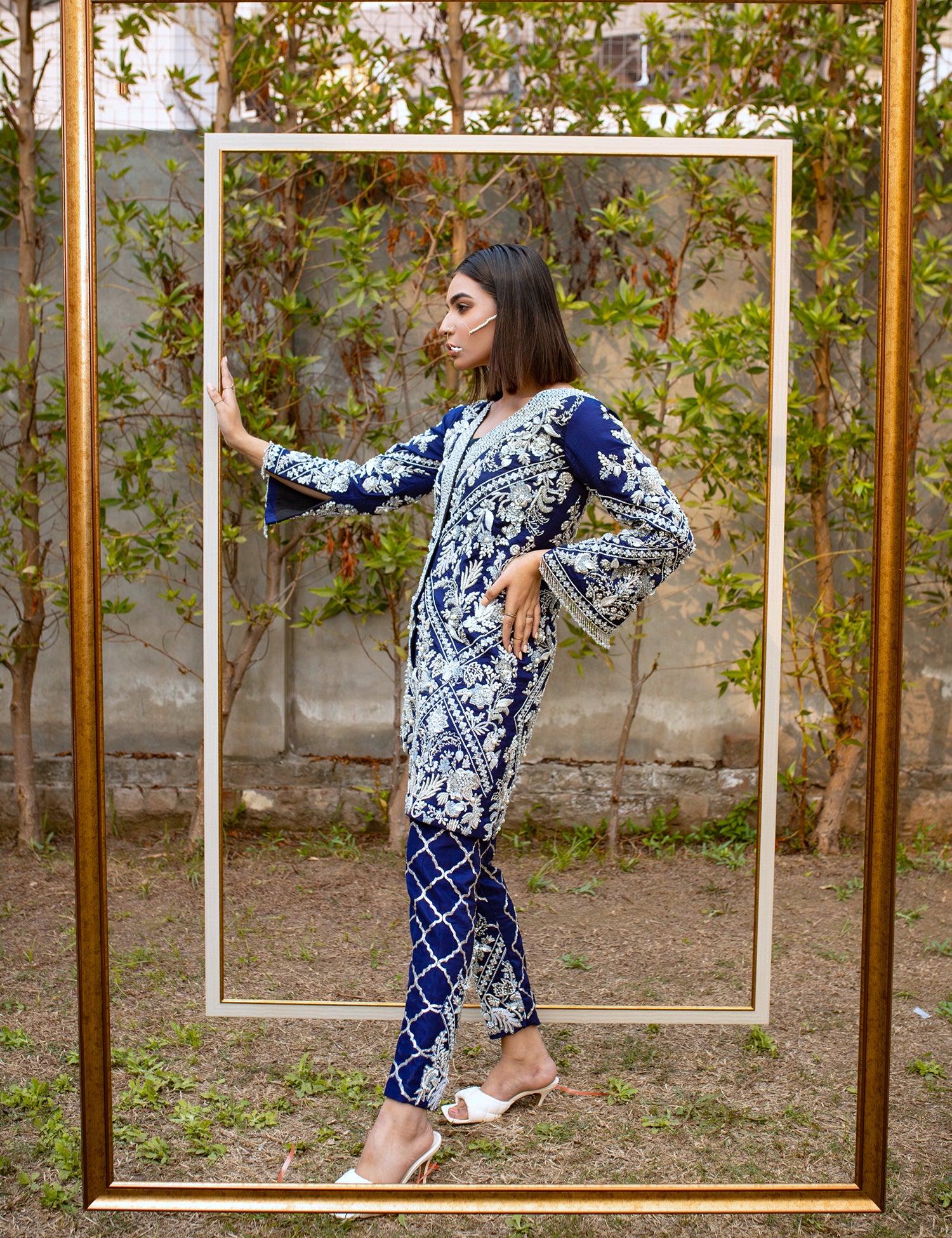 Pakistani Navy Blue 3D Embellished Raw Silk Jacket Set (3-Piece) - Image 3