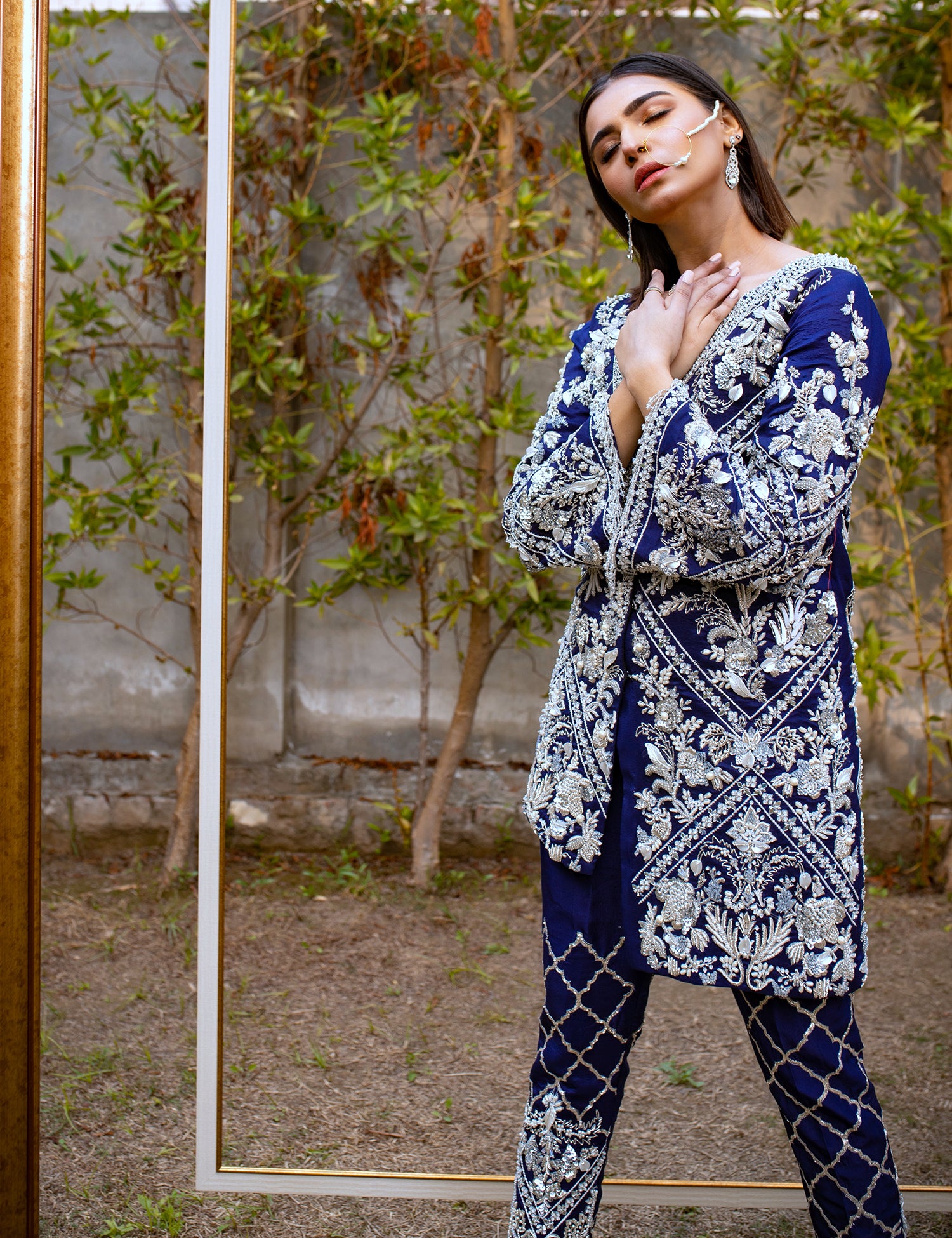 Pakistani Navy Blue 3D Embellished Raw Silk Jacket Set (3-Piece) - Image 5