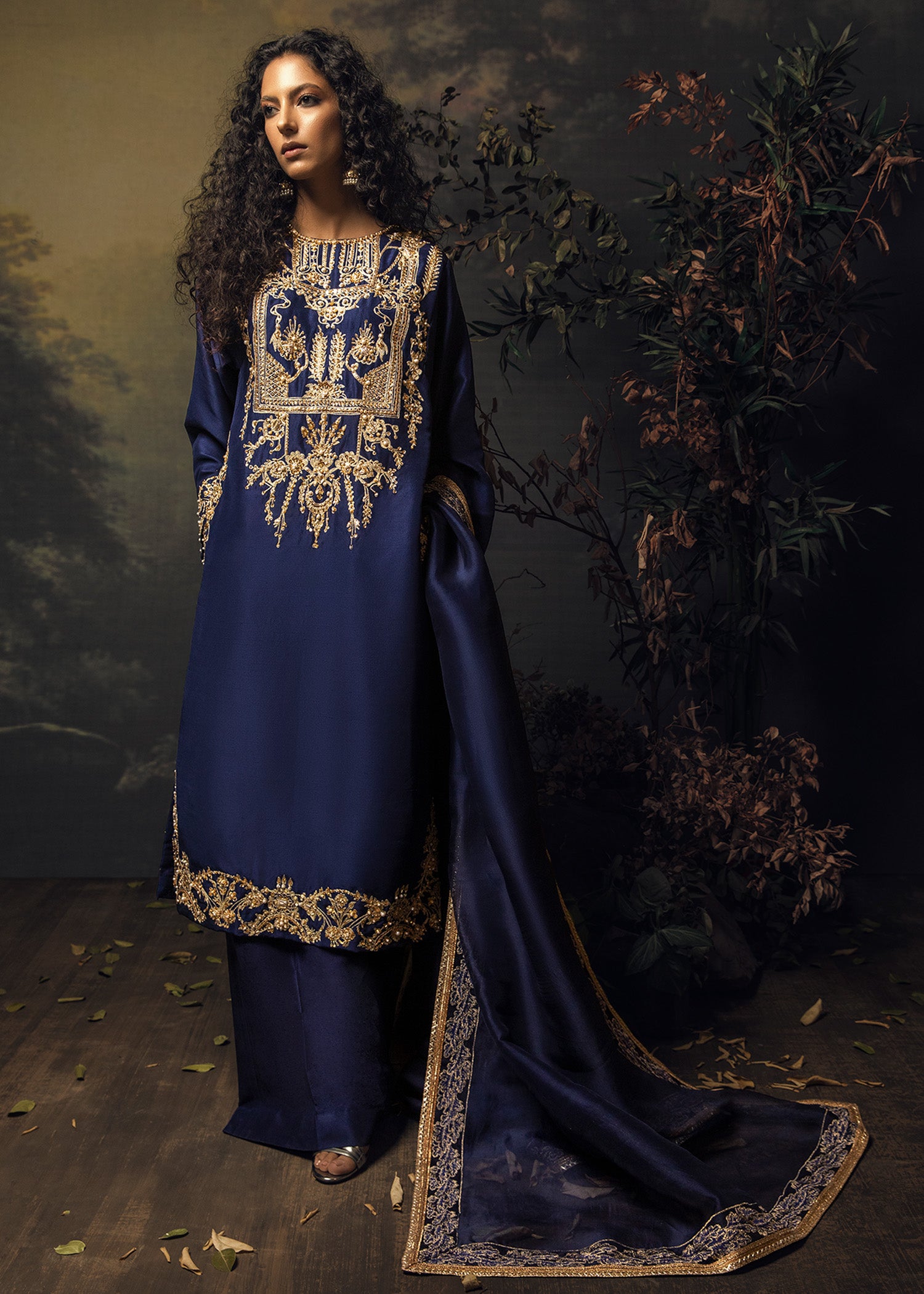 Navy Blue Aari Embroidered Raw Silk Salwar Kameez (3-Piece) - Image 3