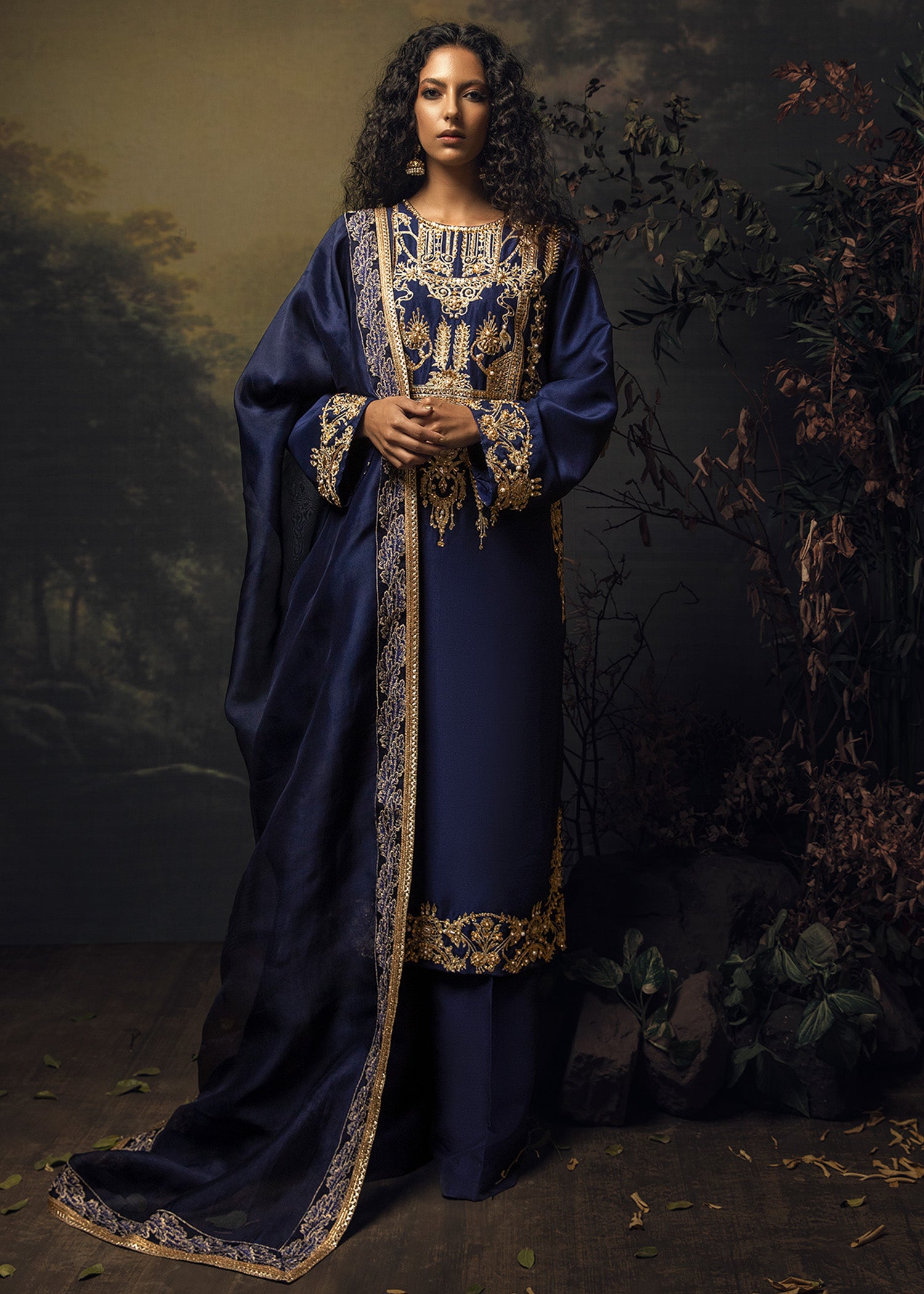 Navy Aari Embroidered Raw Silk Salwar Kameez (3-Piece) - Image 1