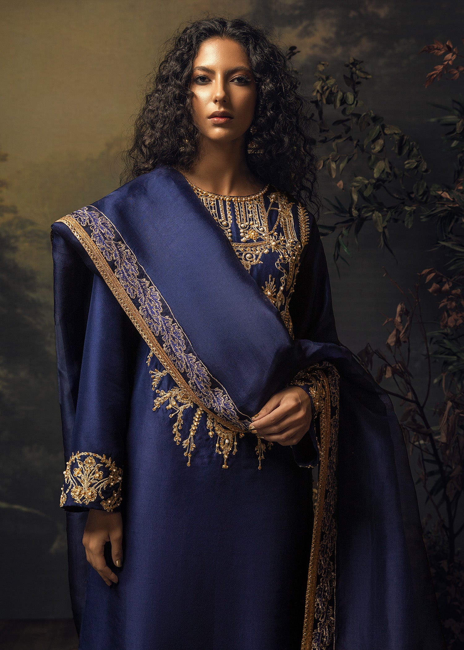 Navy Aari Embroidered Raw Silk Salwar Kameez (3-Piece) - Image 2