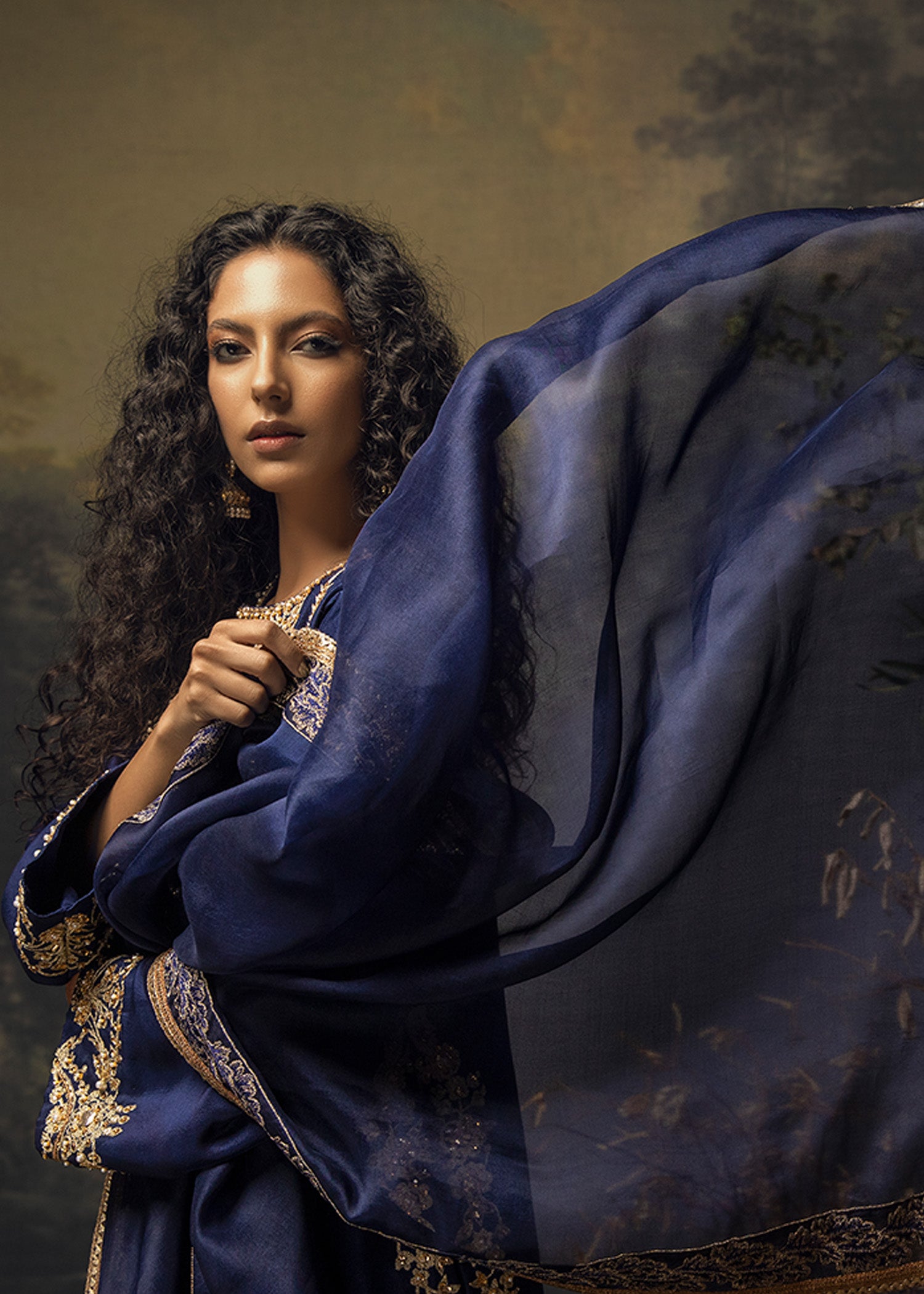 Navy Aari Embroidered Raw Silk Salwar Kameez (3-Piece) - Image 4