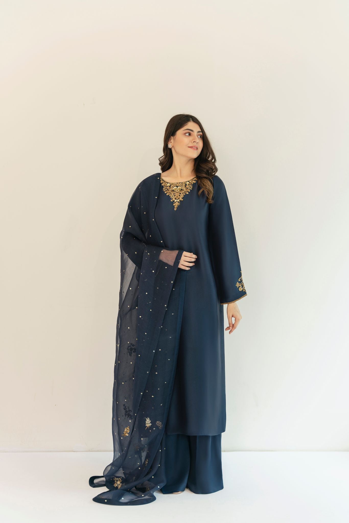 Pakistani Dark Navy Blue Ada Work Raw Silk Salwar Kameez (3-Piece) - Image 2