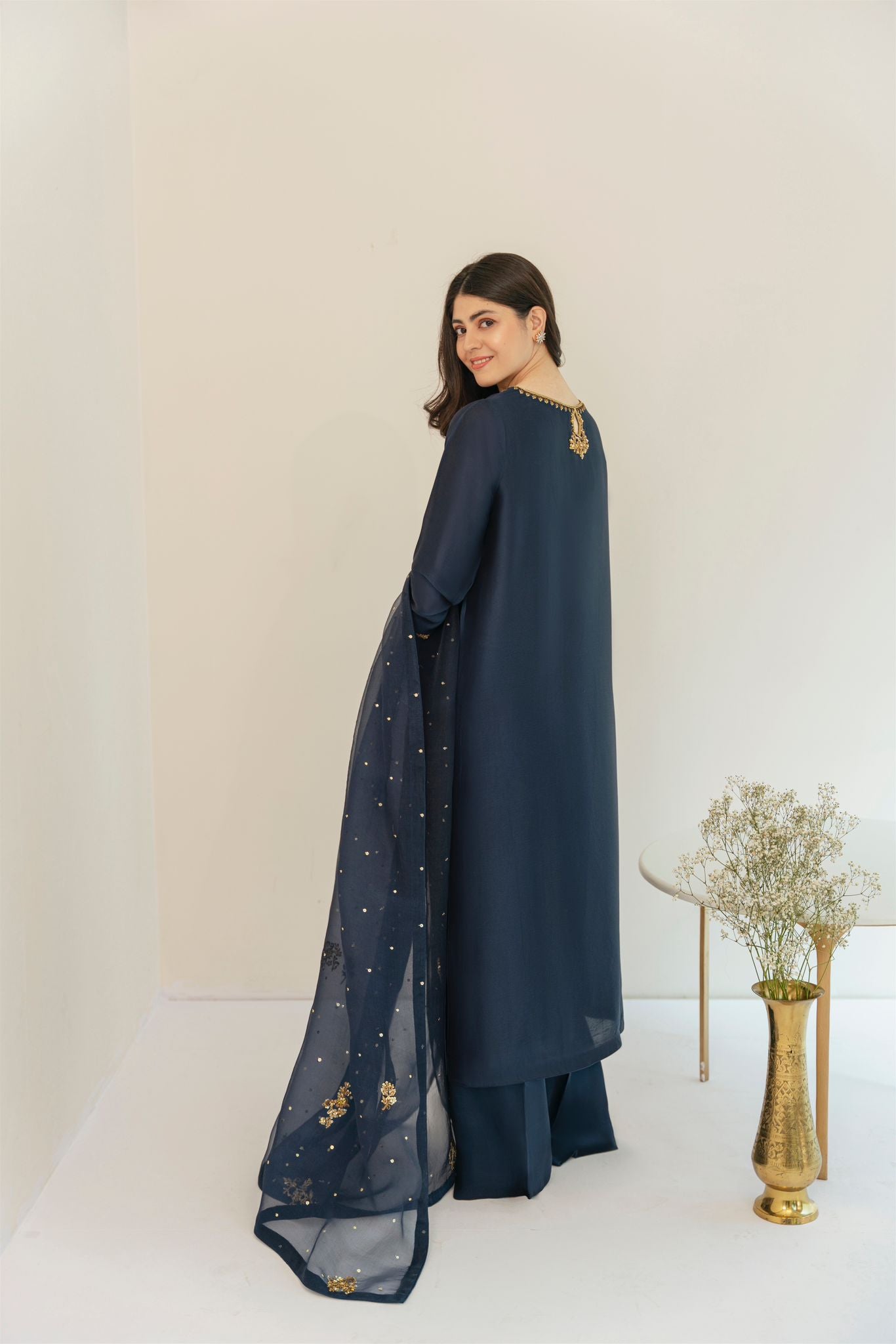 Pakistani Dark Navy Blue Ada Work Raw Silk Salwar Kameez (3-Piece) - Image 3
