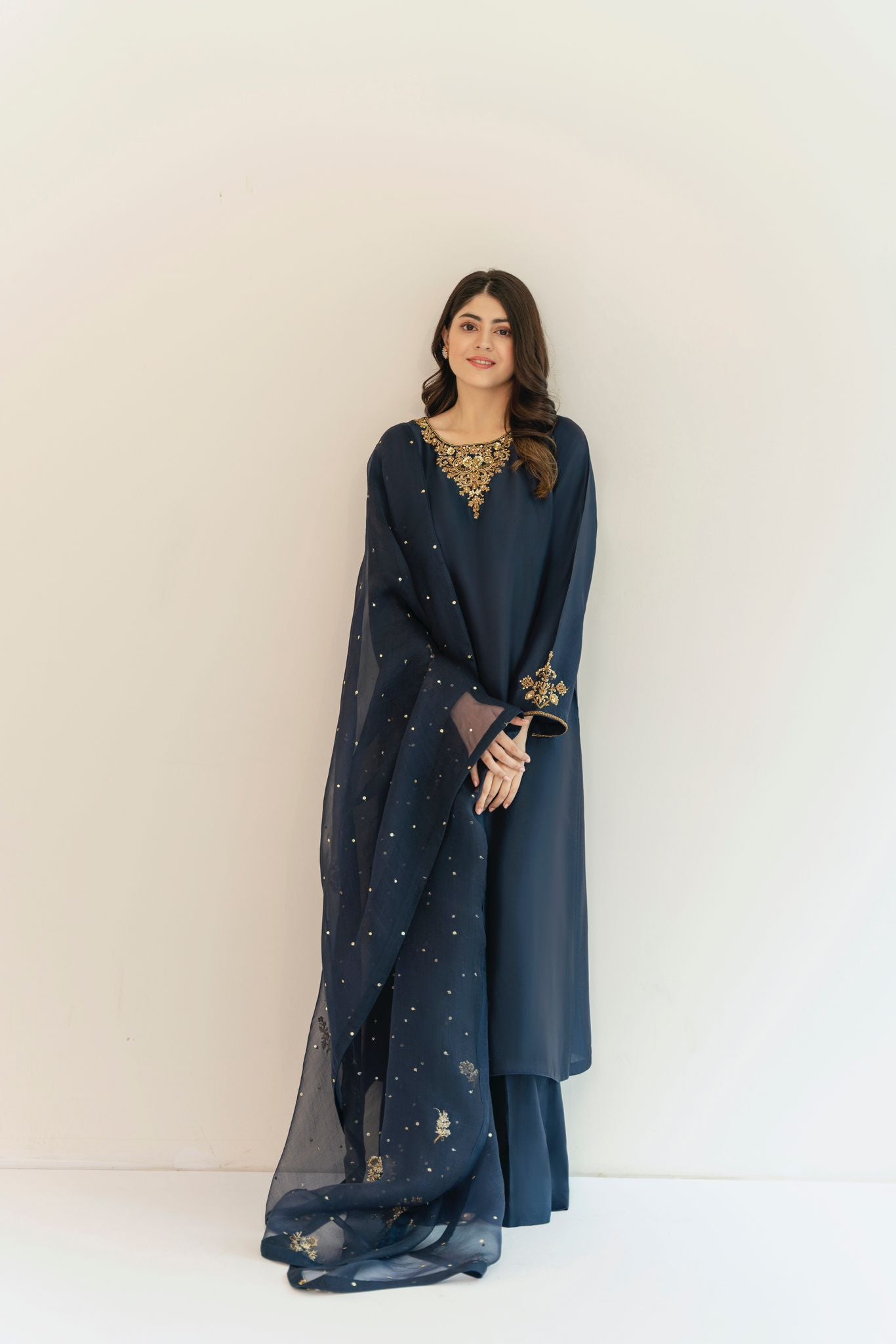 Pakistani Dark Navy Blue Ada Work Raw Silk Salwar Kameez (3-Piece) - Image 4