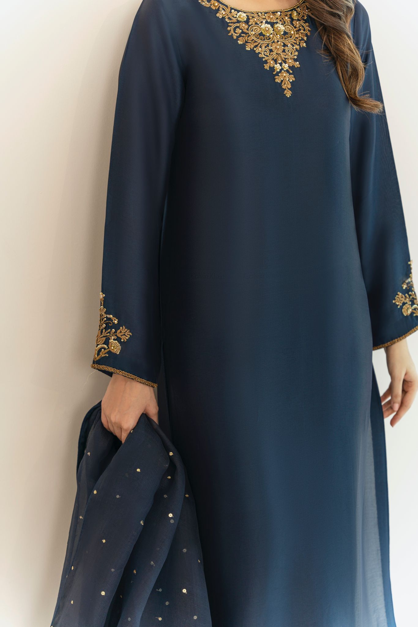 Pakistani Dark Navy Blue Ada Work Raw Silk Salwar Kameez (3-Piece) - Image 5