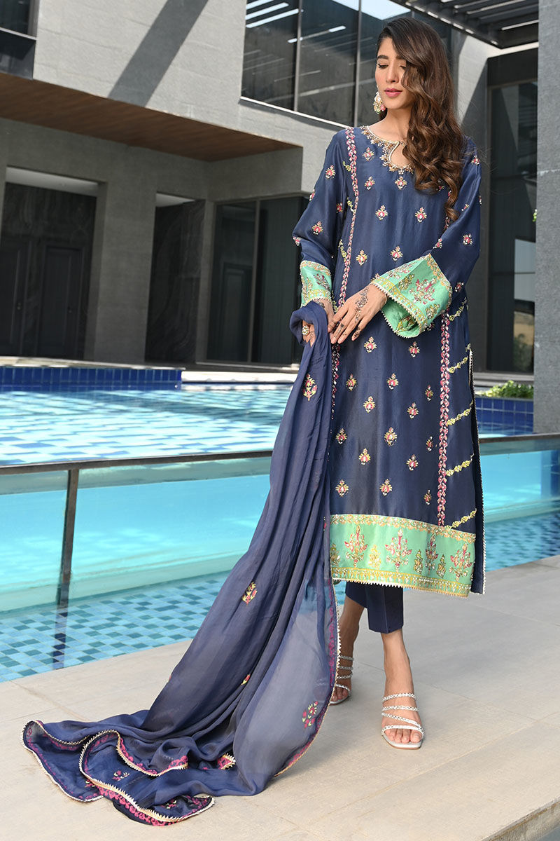 Pakistani Navy Gota Sequin Raw Silk Salwar Kameez (3-Piece) - Image 1