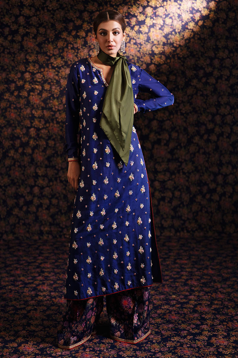 Pakistani Navy Blue Hand-Embellished Silk Salwar Kameez (3-Piece) - Image 1