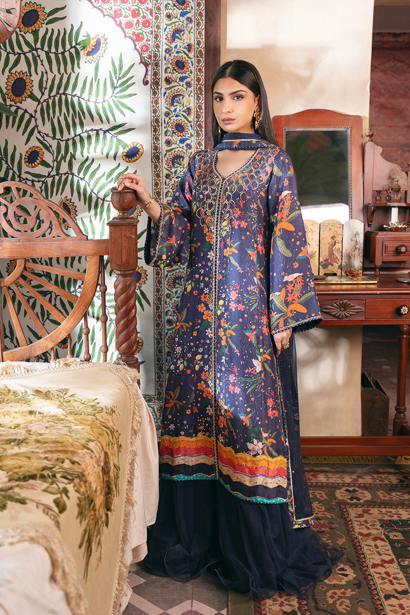 Pakistani Navy Blue Embroidered Silk Salwar Kameez (3-Piece) - Image 1
