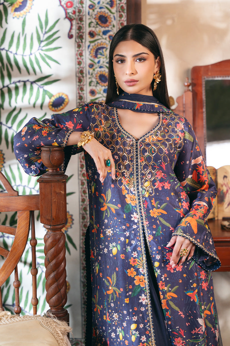 Pakistani Navy Blue Embroidered Silk Salwar Kameez (3-Piece) - Image 2