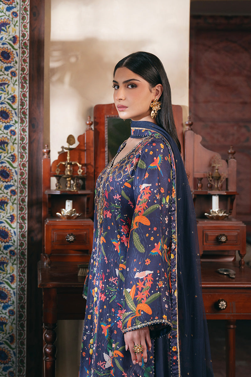 Pakistani Navy Blue Embroidered Silk Salwar Kameez (3-Piece) - Image 6