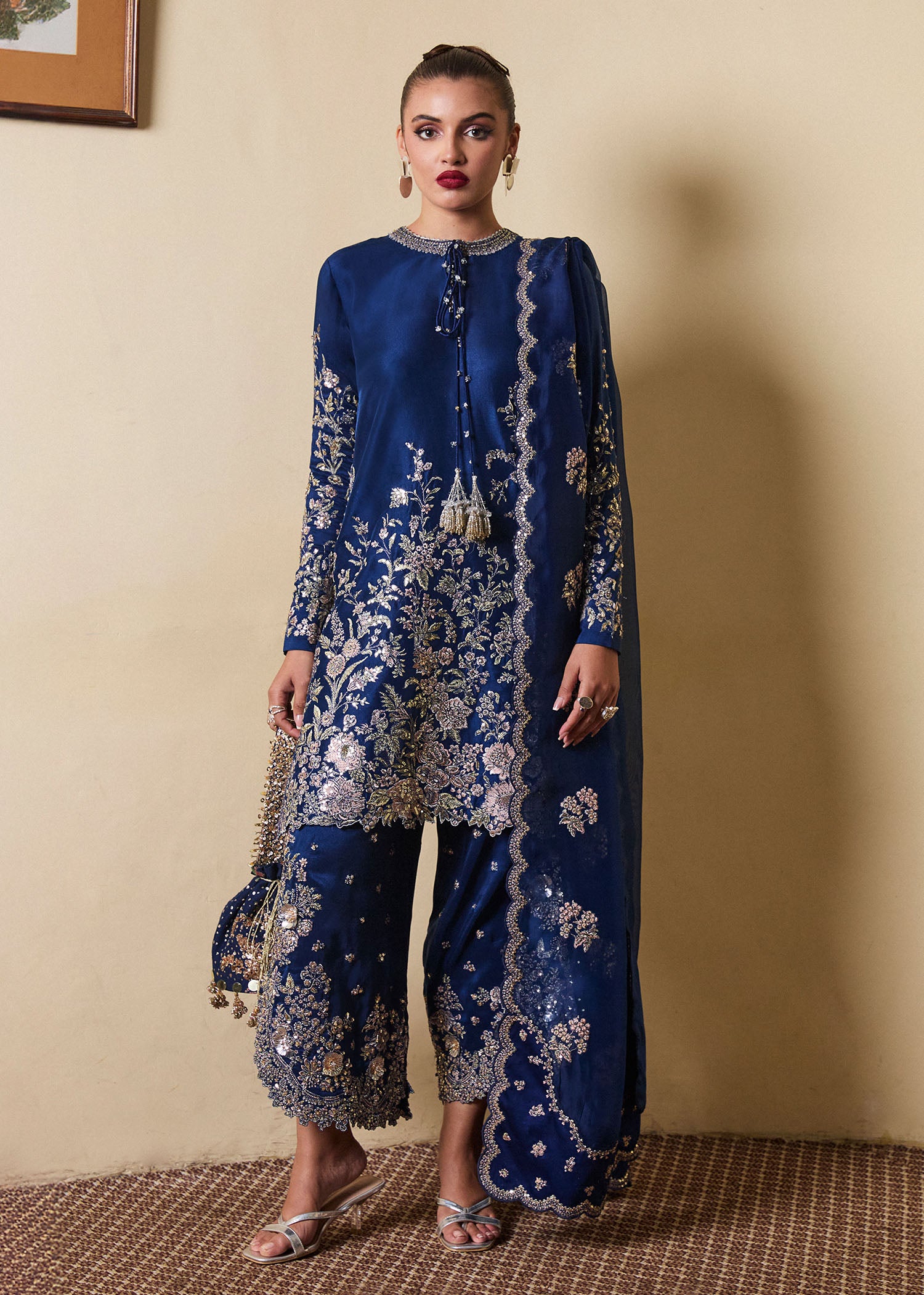 Navy Blue Embroidered Pure Raw Silk Salwar Kameez (3-Piece) - Image 2