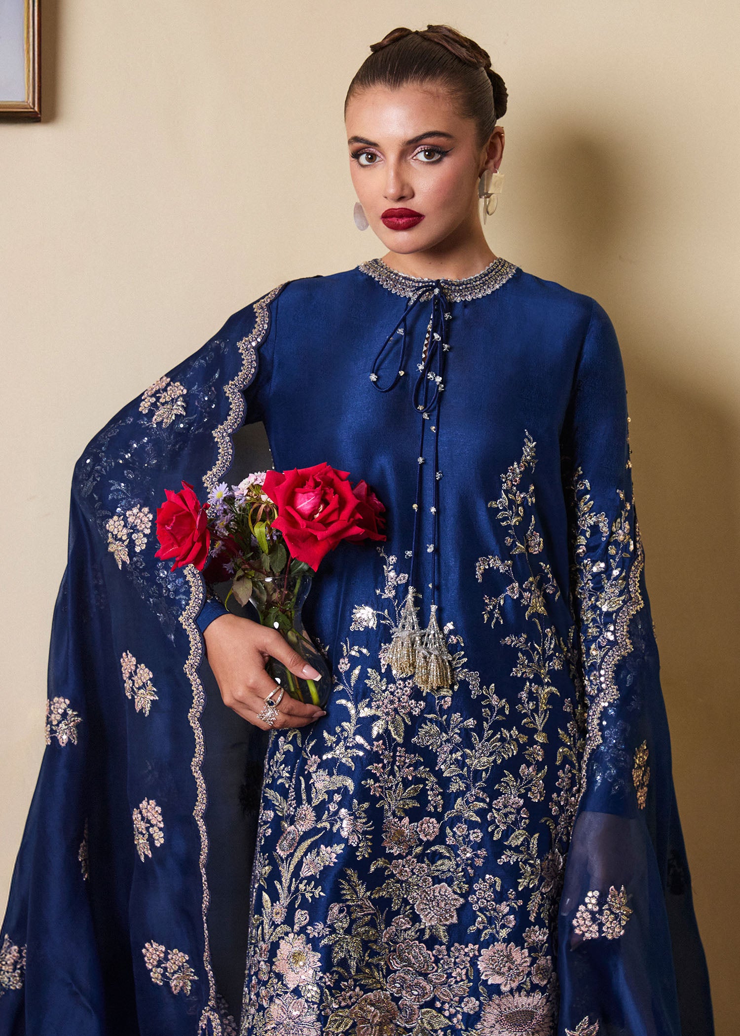 Navy Blue Embroidered Pure Raw Silk Salwar Kameez (3-Piece) - Image 3