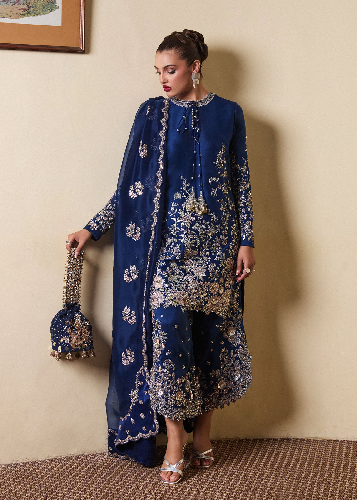 Navy Blue Embroidered Pure Raw Silk Salwar Kameez (3-Piece) - Image 4