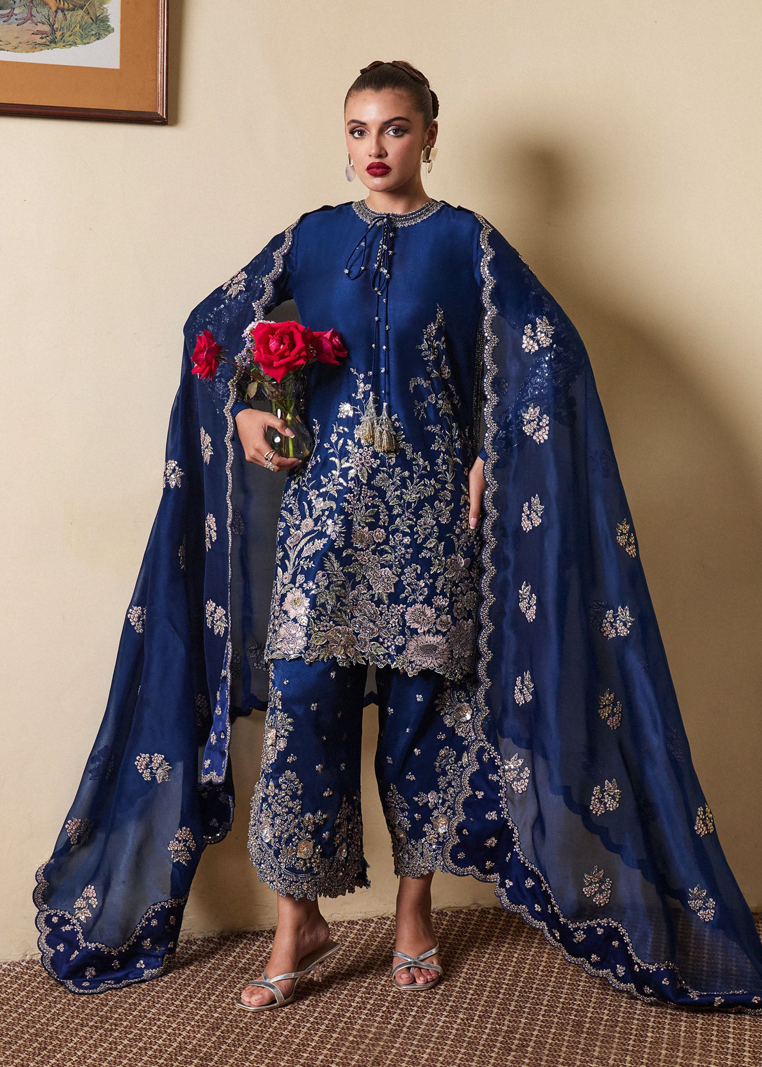 Navy Blue Embroidered Pure Raw Silk Salwar Kameez (3-Piece) - Image 5