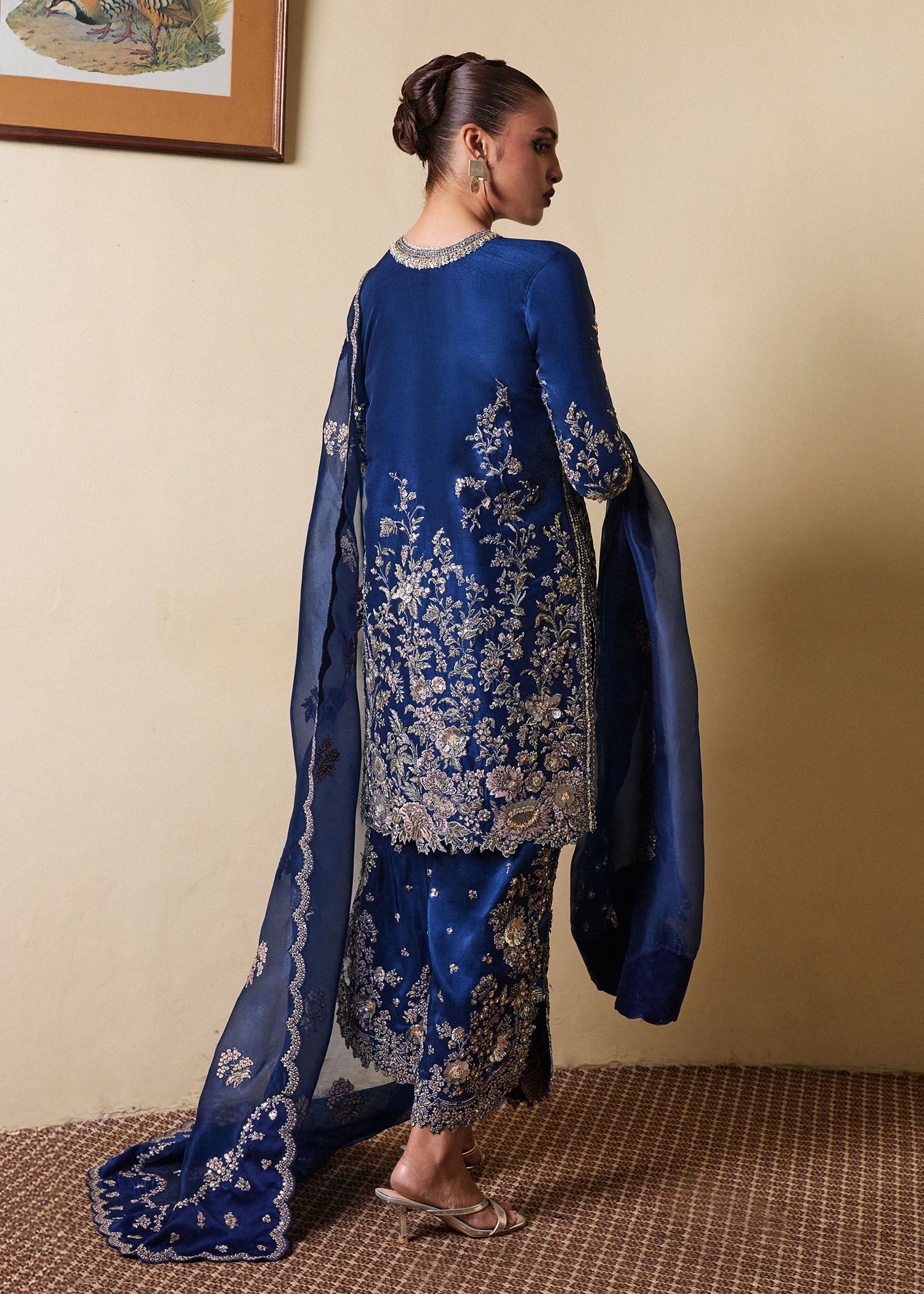 Navy Blue Embroidered Pure Raw Silk Salwar Kameez (3-Piece) - Image 6