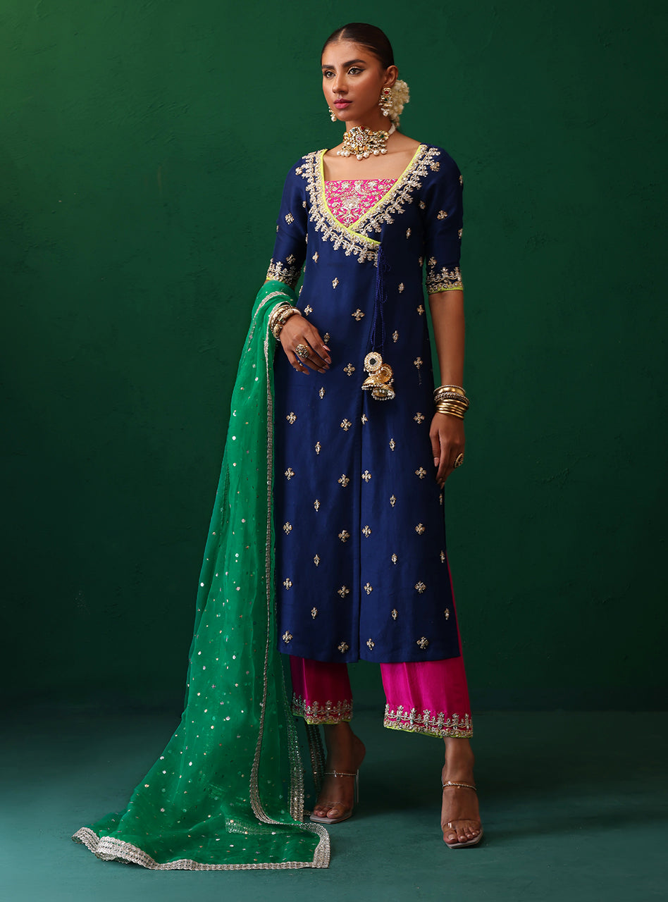 Navy Embroidered Raw Silk Salwar Kameez (3-Piece) - Image 1
