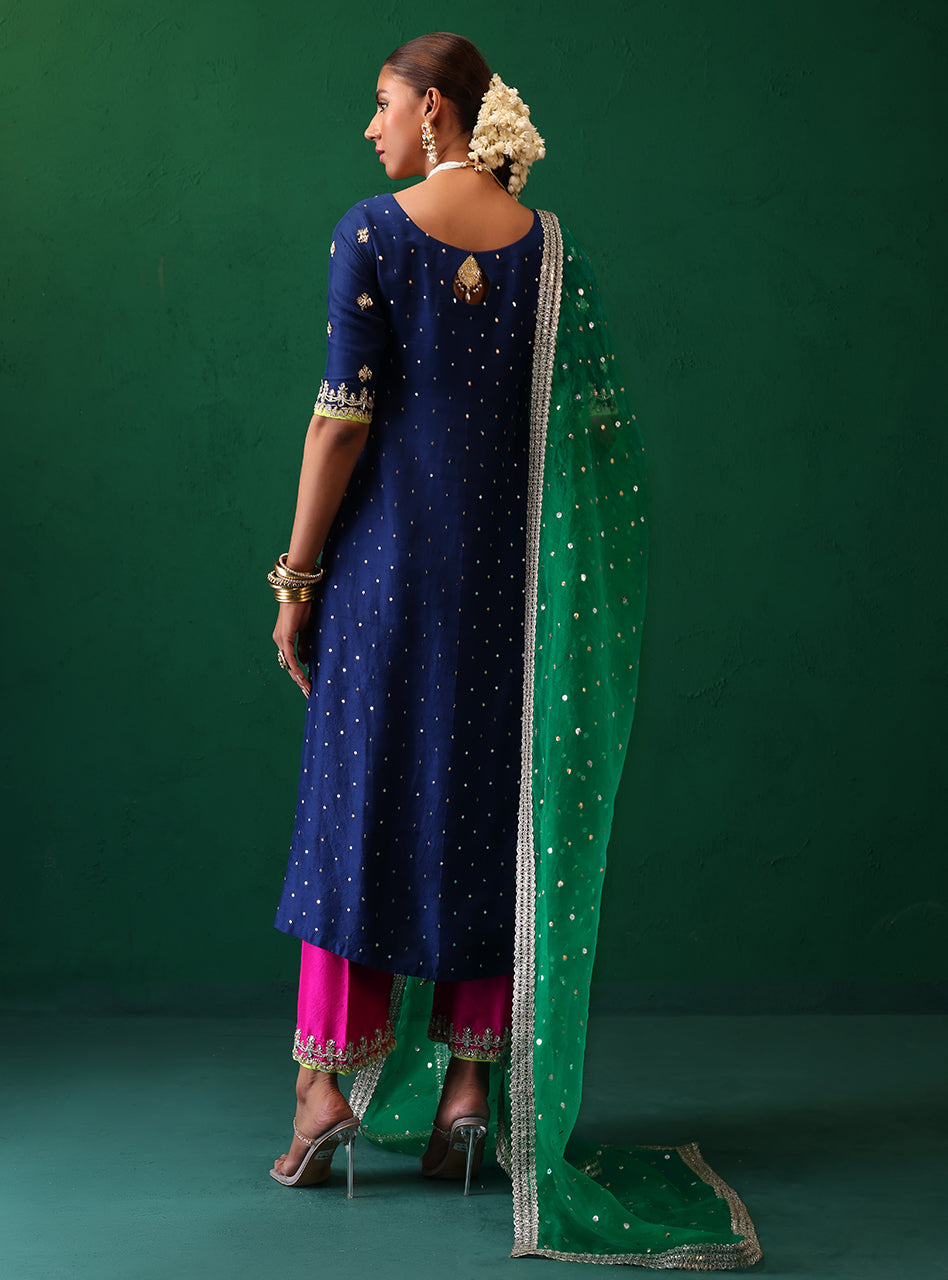 Navy Embroidered Raw Silk Salwar Kameez (3-Piece) - Image 2