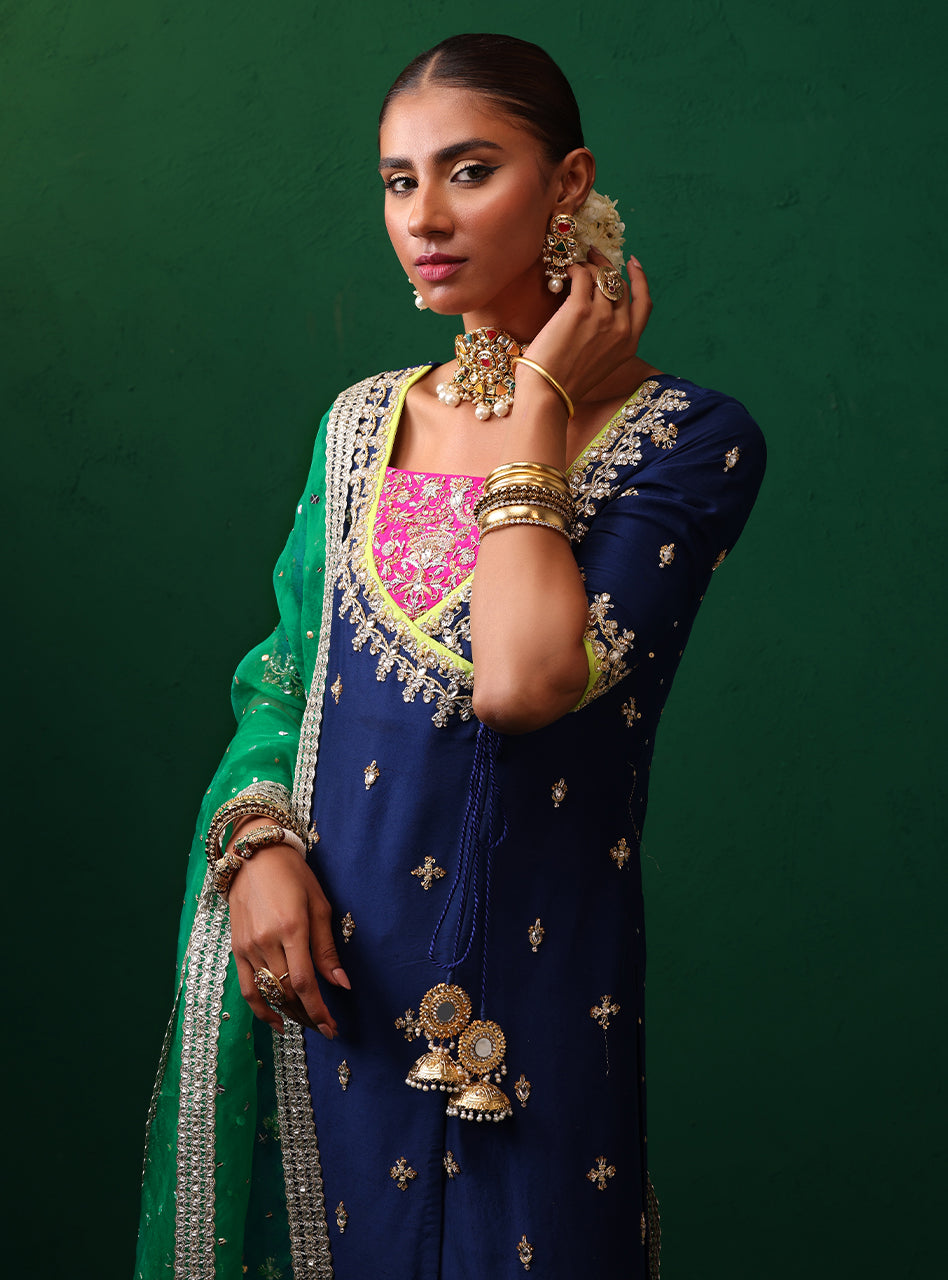 Navy Embroidered Raw Silk Salwar Kameez (3-Piece) - Image 3