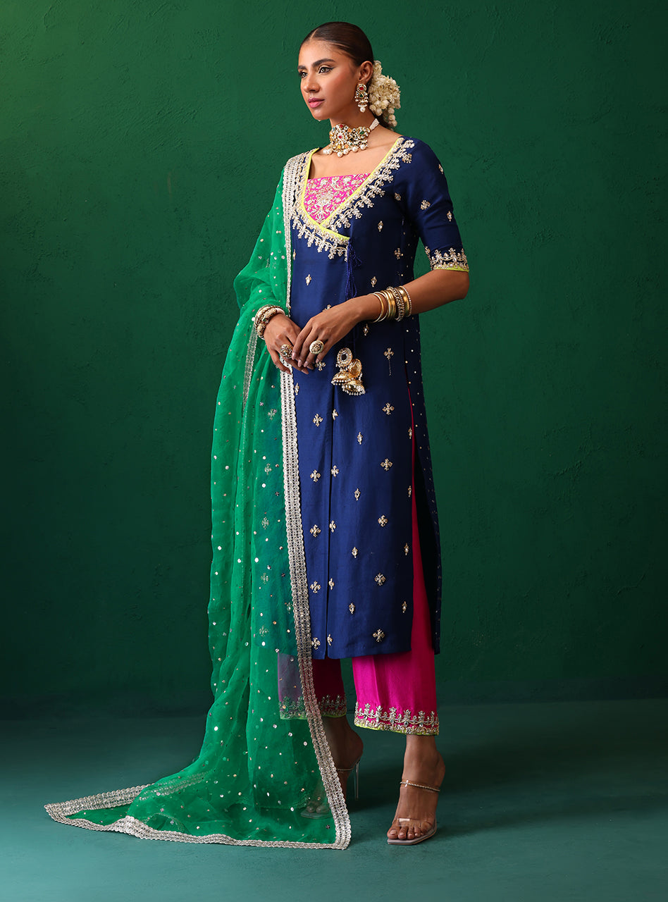 Navy Embroidered Raw Silk Salwar Kameez (3-Piece) - Image 4