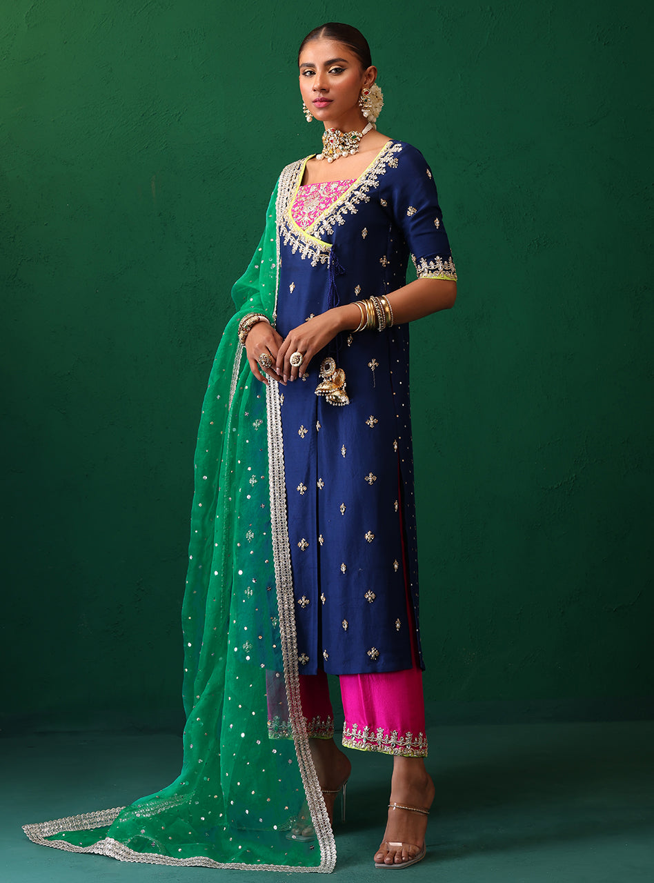 Navy Embroidered Raw Silk Salwar Kameez (3-Piece) - Image 5