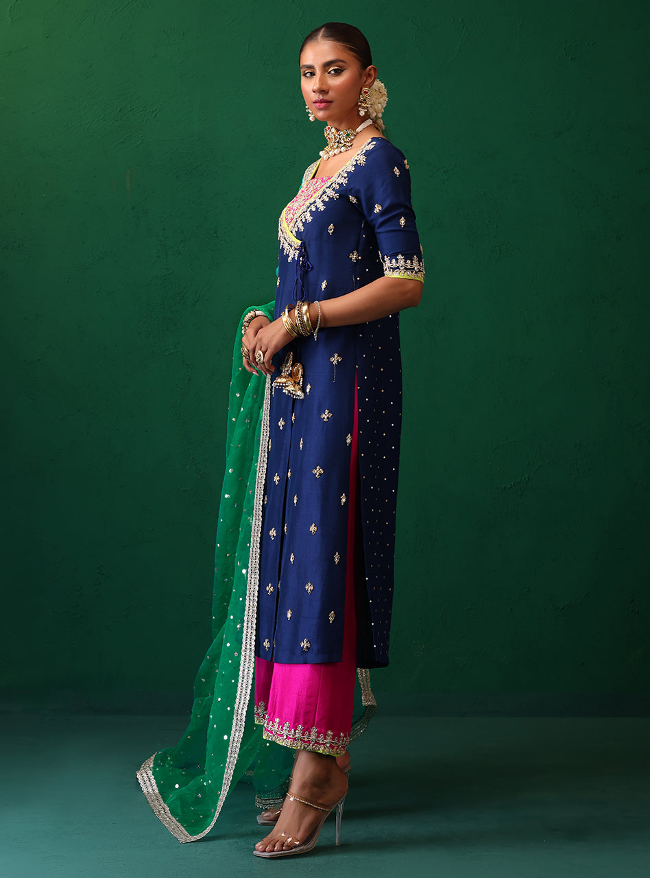 Navy Embroidered Raw Silk Salwar Kameez (3-Piece) - Image 6