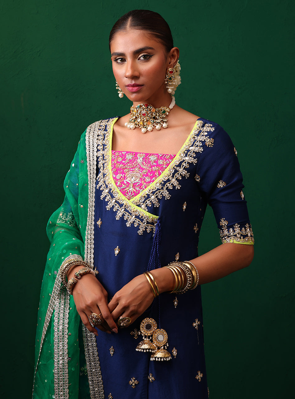 Navy Embroidered Raw Silk Salwar Kameez (3-Piece) - Image 7
