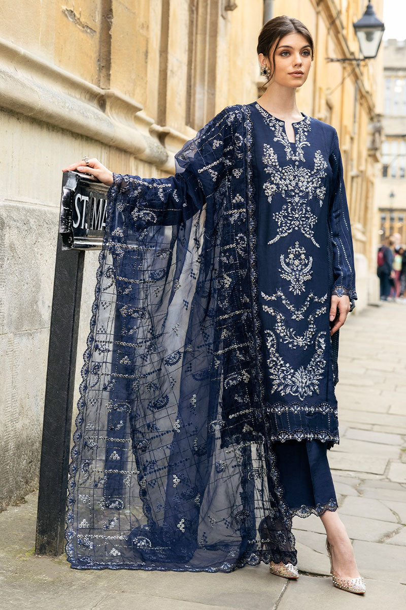 Navy Blue Embroidered Raw Silk Salwar Kameez (3-Piece) - Image 1