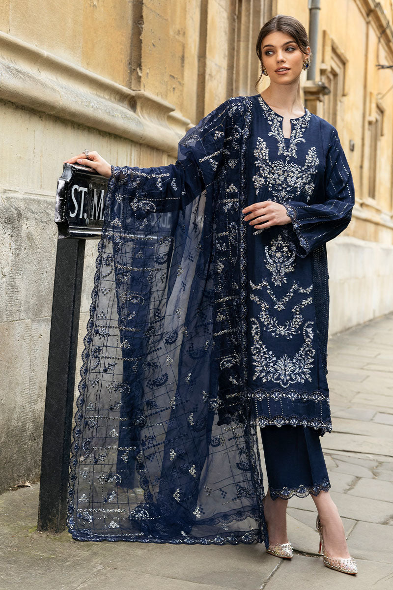 Navy Blue Embroidered Raw Silk Salwar Kameez (3-Piece) - Image 10