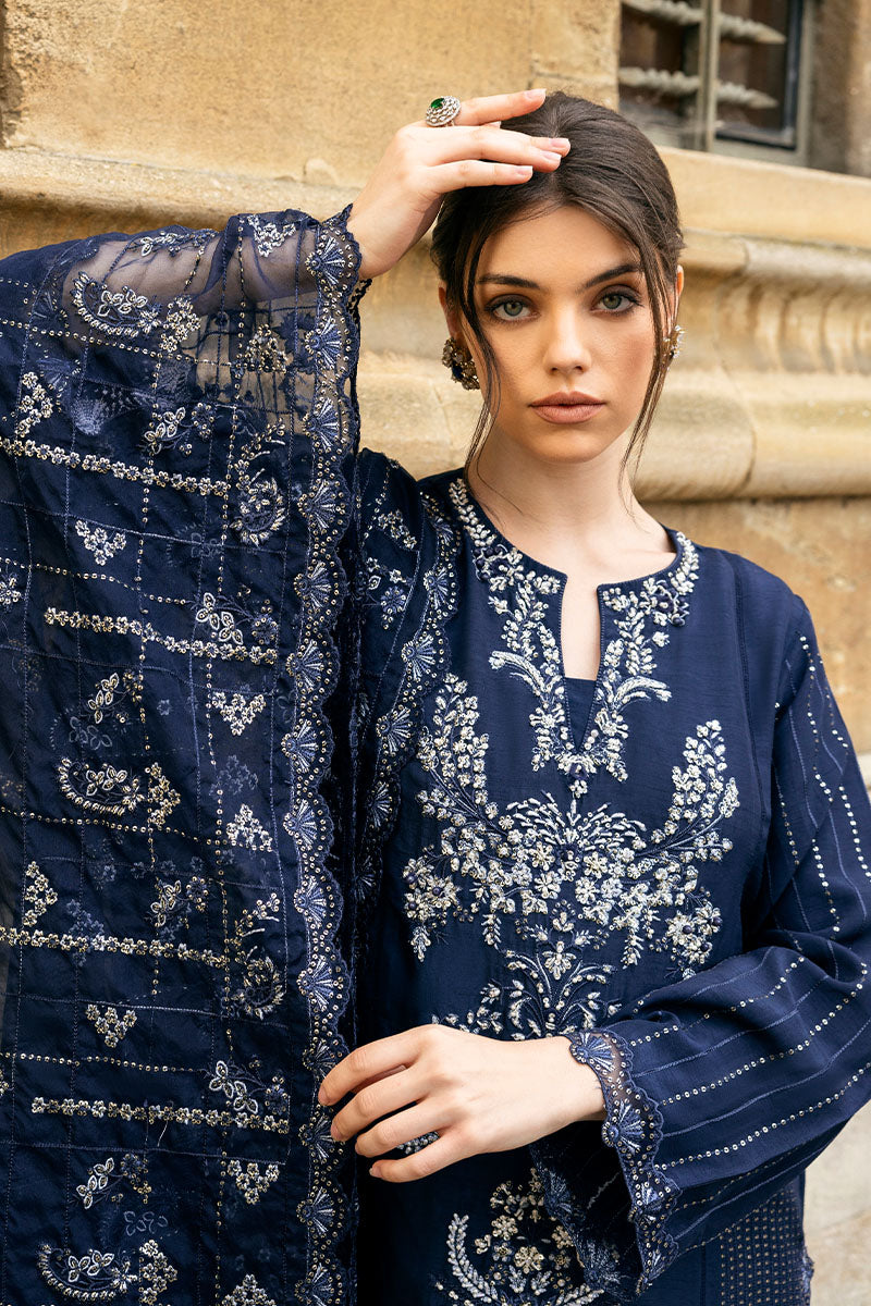 Navy Blue Embroidered Raw Silk Salwar Kameez (3-Piece) - Image 5