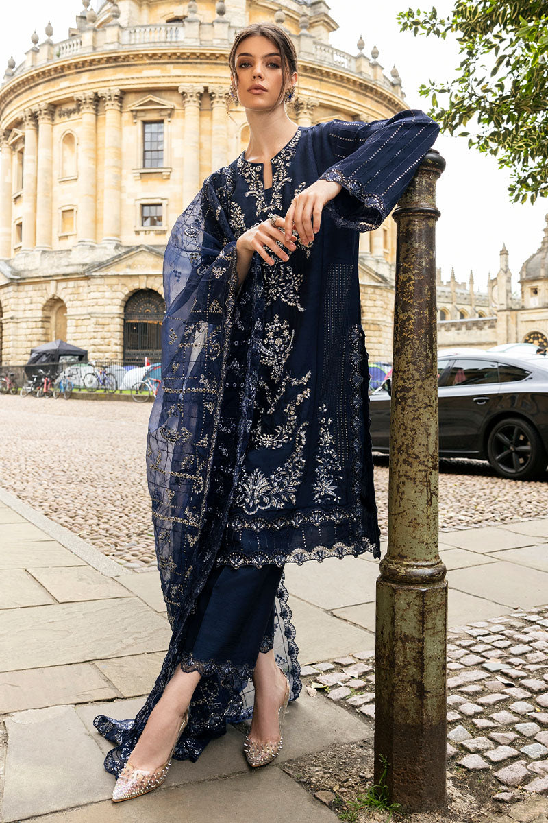 Navy Blue Embroidered Raw Silk Salwar Kameez (3-Piece) - Image 6